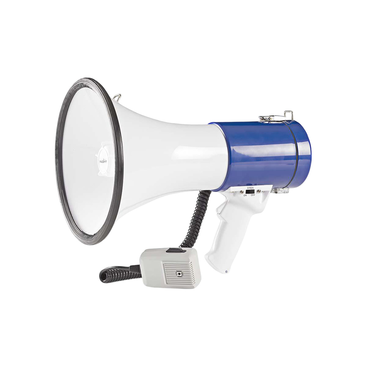 Un mégaphone blanc et bleu avec microphone et poignée.
