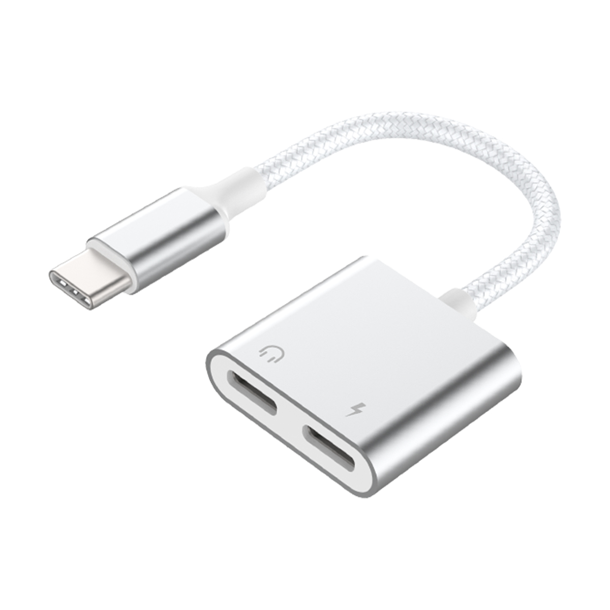 Un adattatore USB-C bianco con due porte per cuffie e ricarica.