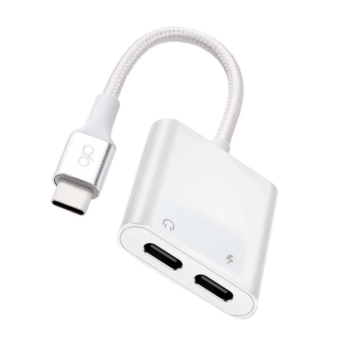 Adattatore USB-C bianco con due porte e un connettore.