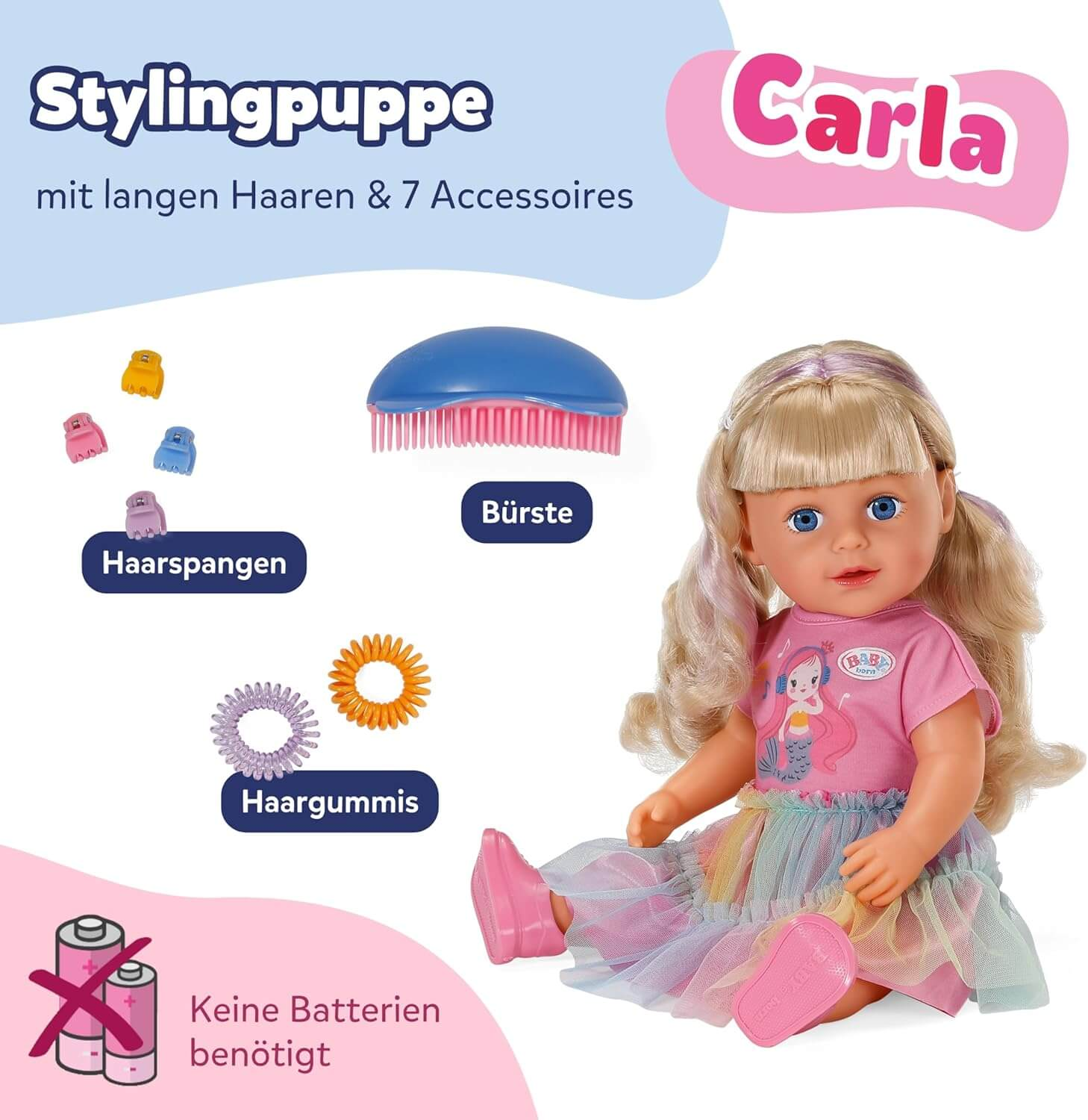 Eine Stylingpuppe namens Carla mit blonden Haaren, Bürste, Spangen und Haargummis.