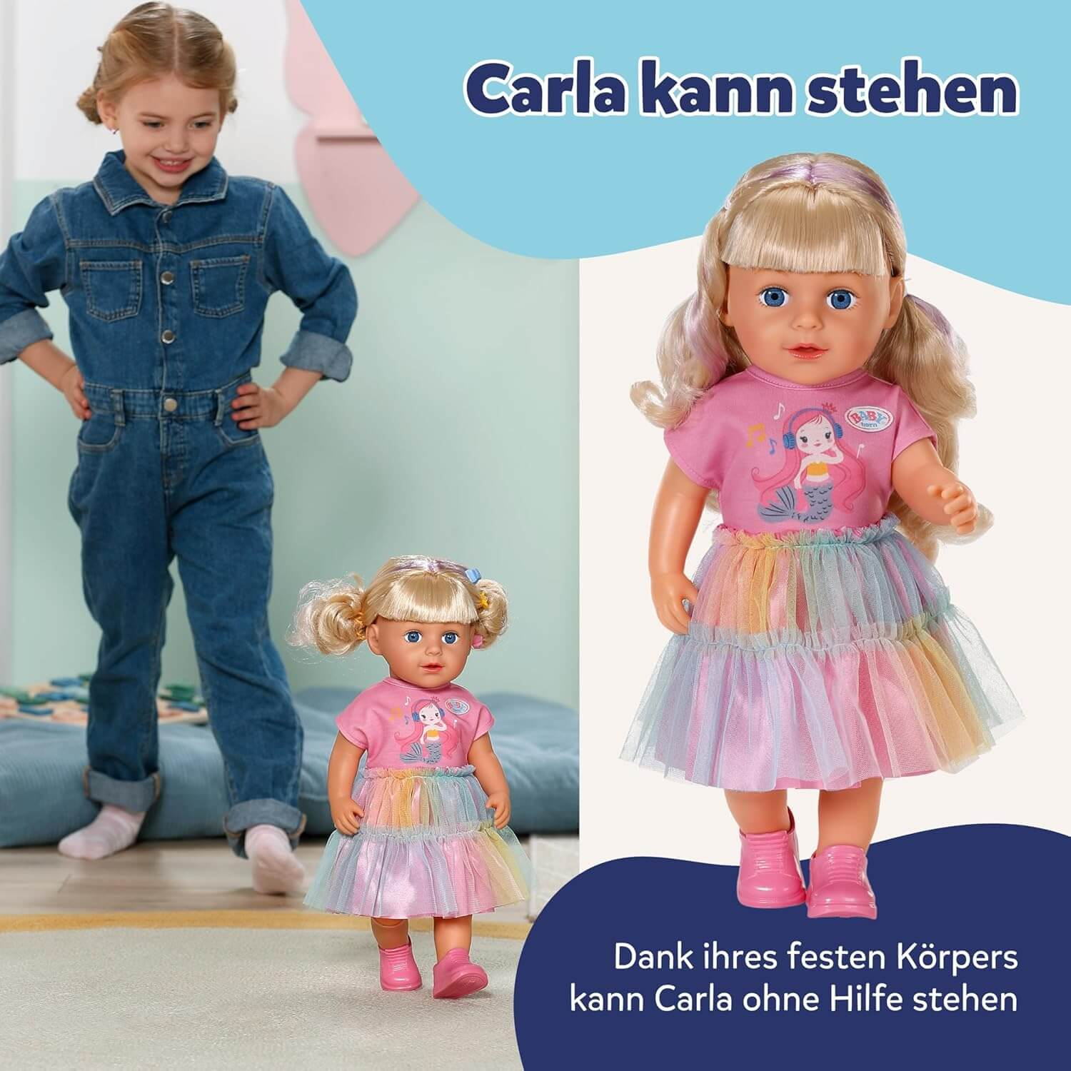 Ein kleines Mädchen und eine Puppe tragen Jeans-Outfits und bunte Röcke.