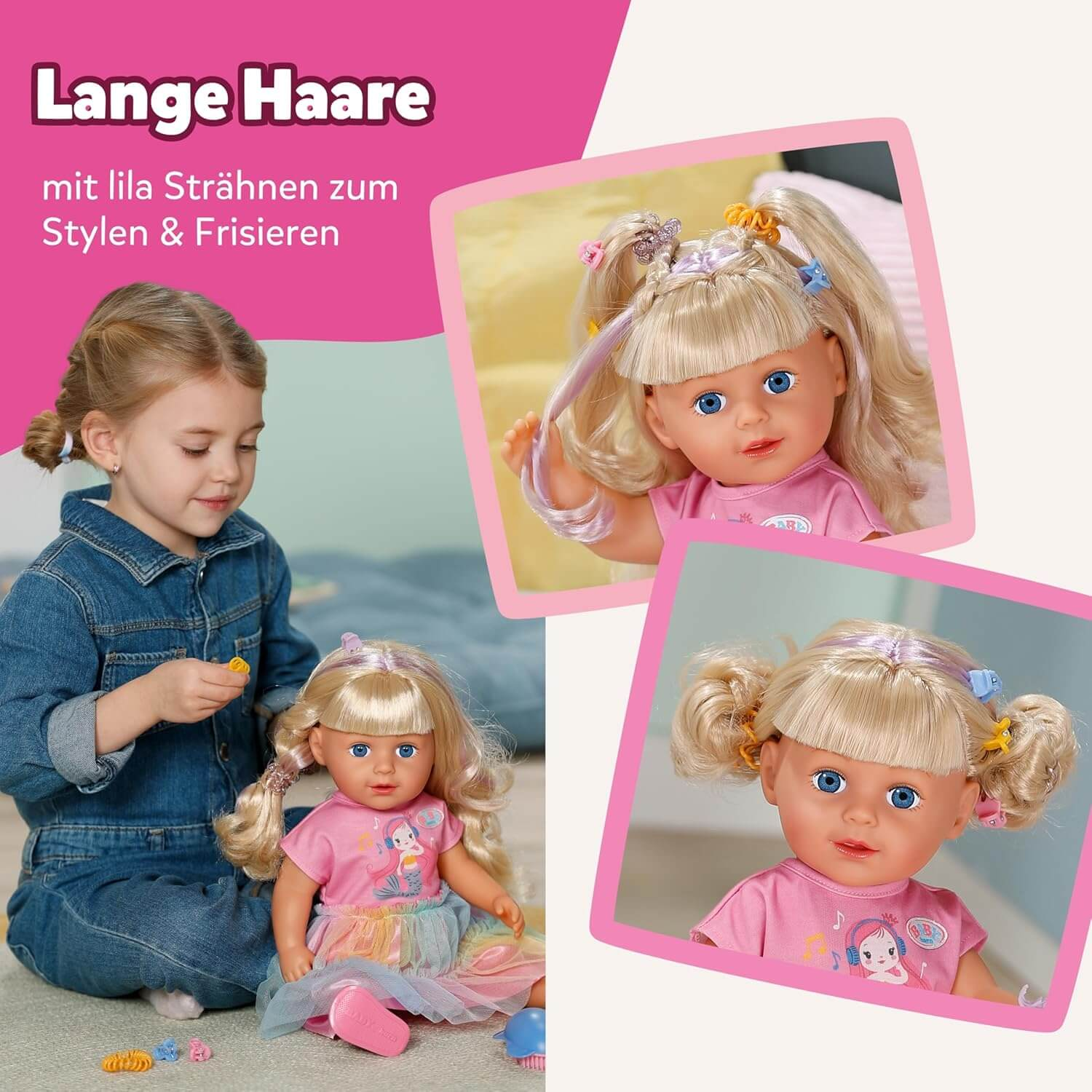 Ein Mädchen mit einem Jeans-Overall spielt mit einer Puppe mit blonden Haaren und lila Strähnen.