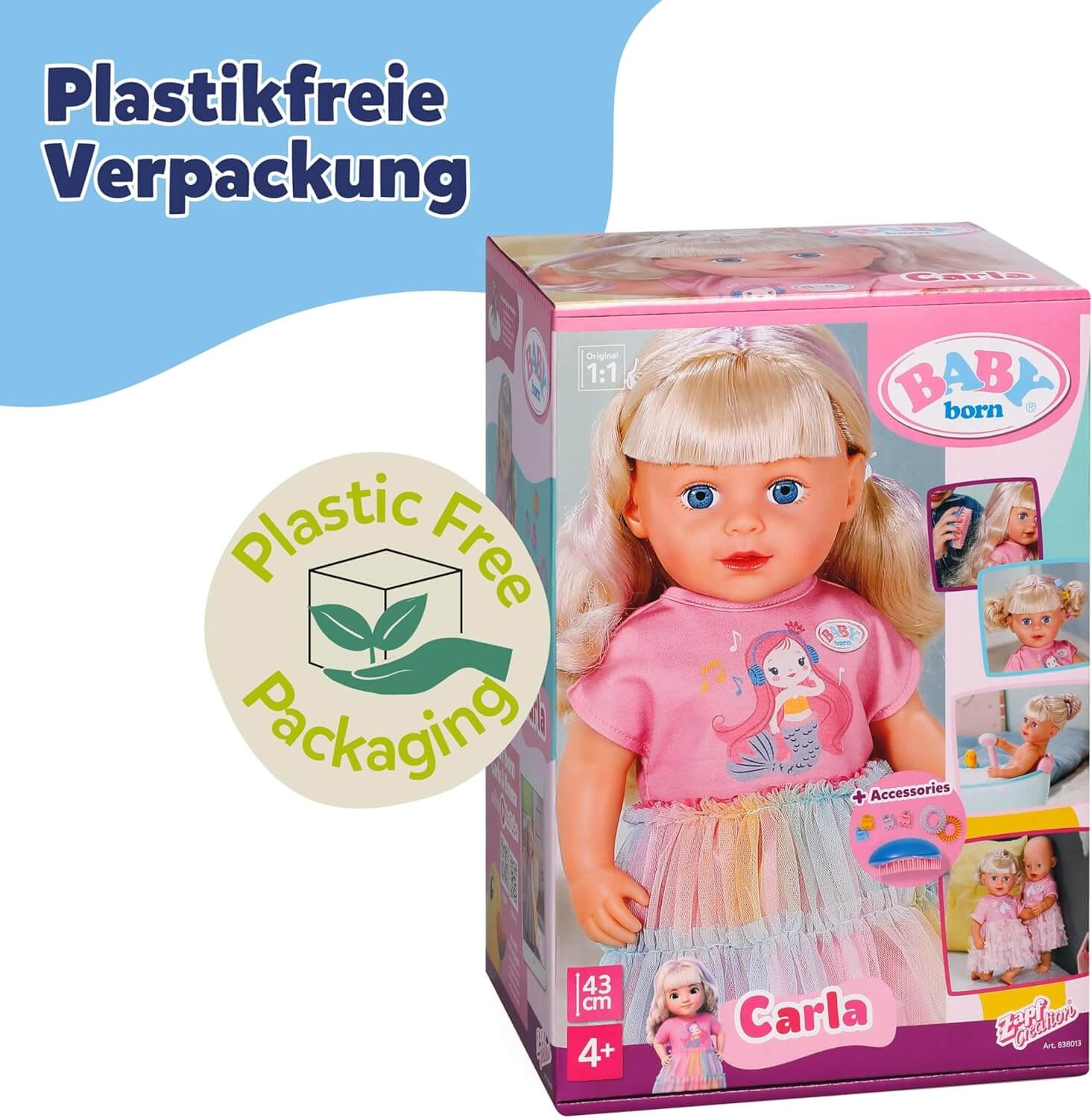Baby Born Puppe mit Spielzeugzubehör und „Plastikfreie Verpackung“-Aufdruck.