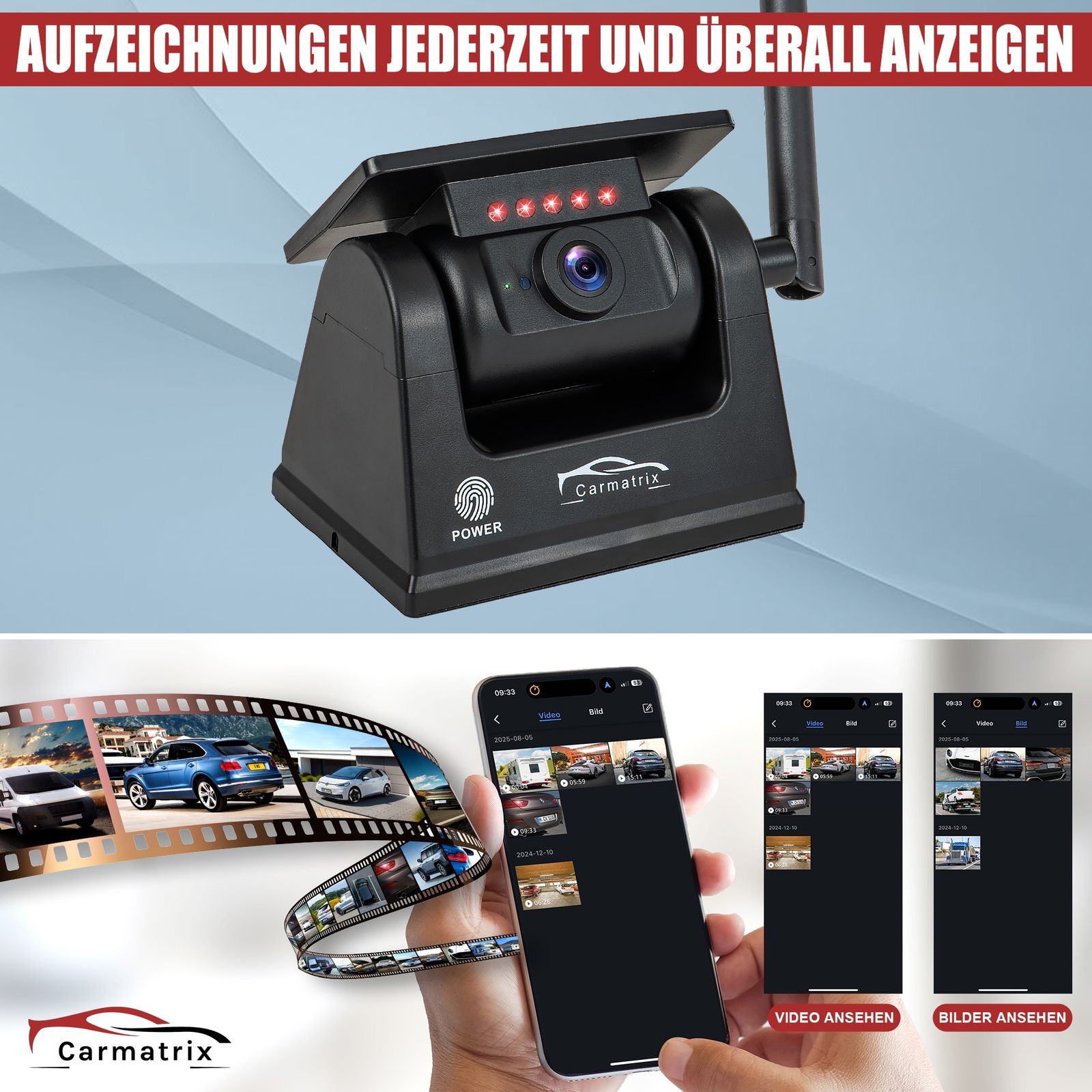 Ein schwarzes Auto-Aufnahmegerät mit Smartphone-App-Ansichten und Filmstreifen-Collage.