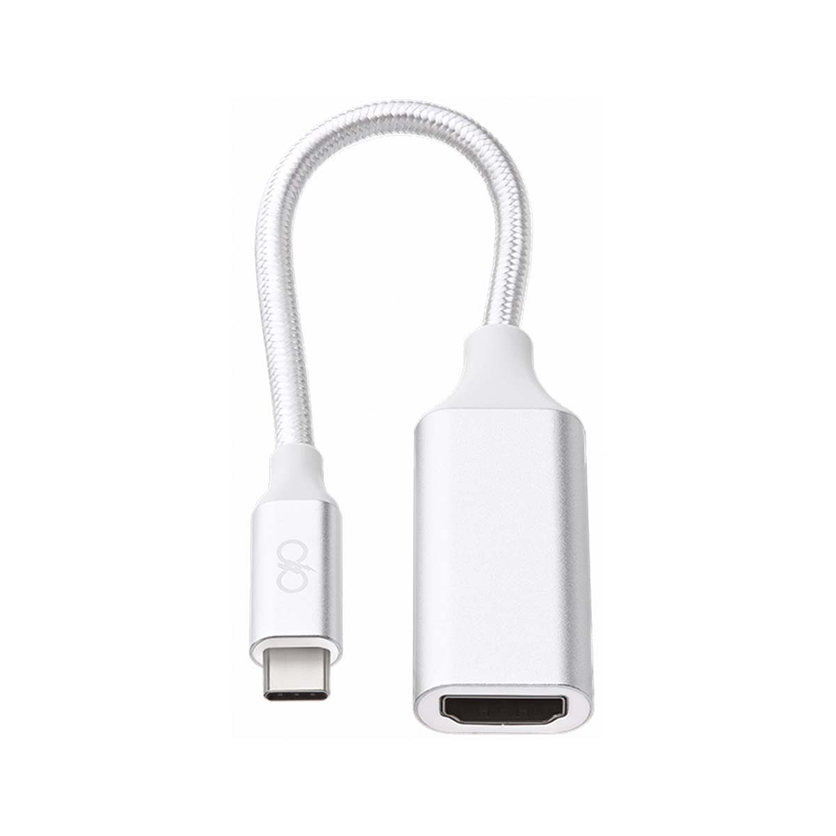 Adattatore USB-C a HDMI argentato con cavo bianco e logo.