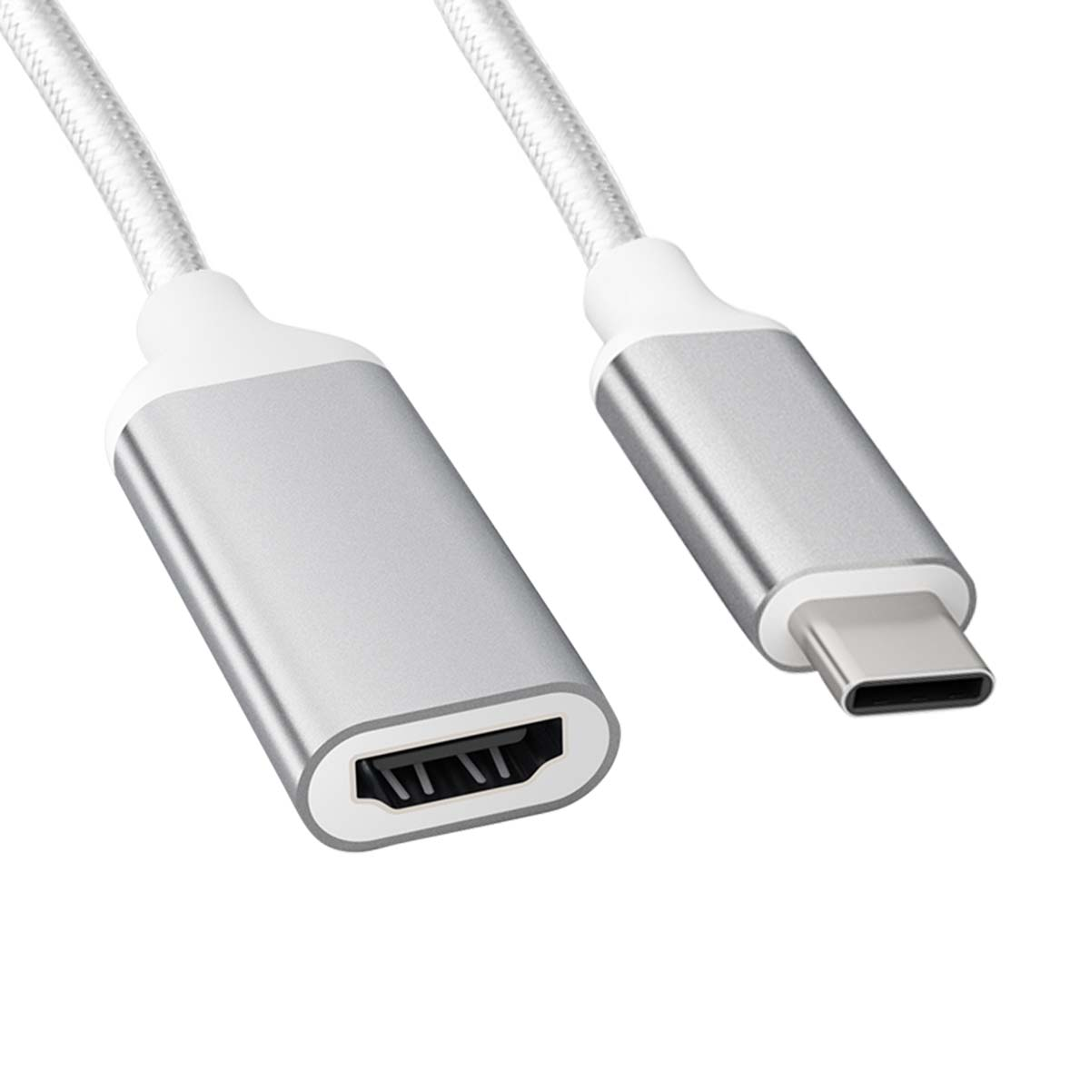 Un cavo adattatore da USB-C a HDMI argentato con cavo intrecciato bianco.