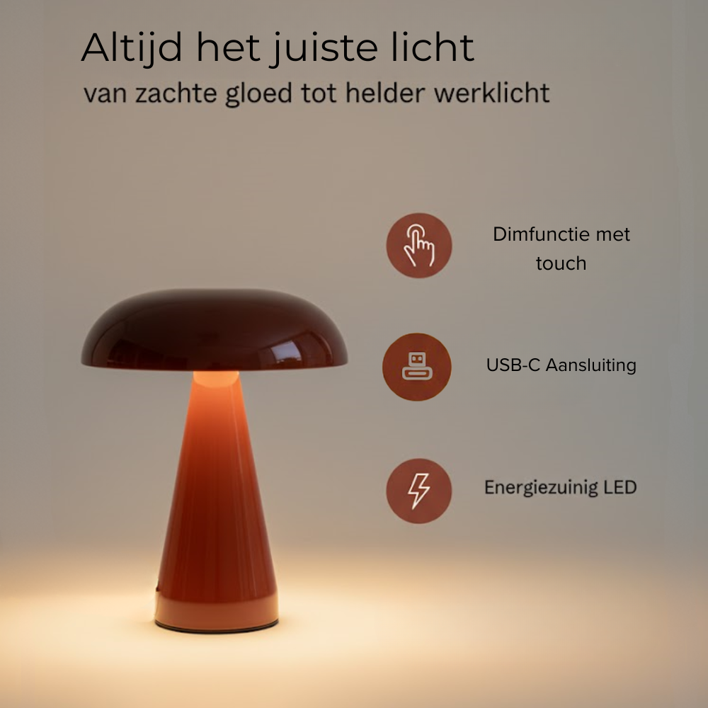 Een oranje lamp met touch dimfunctie, USB-C en LED.