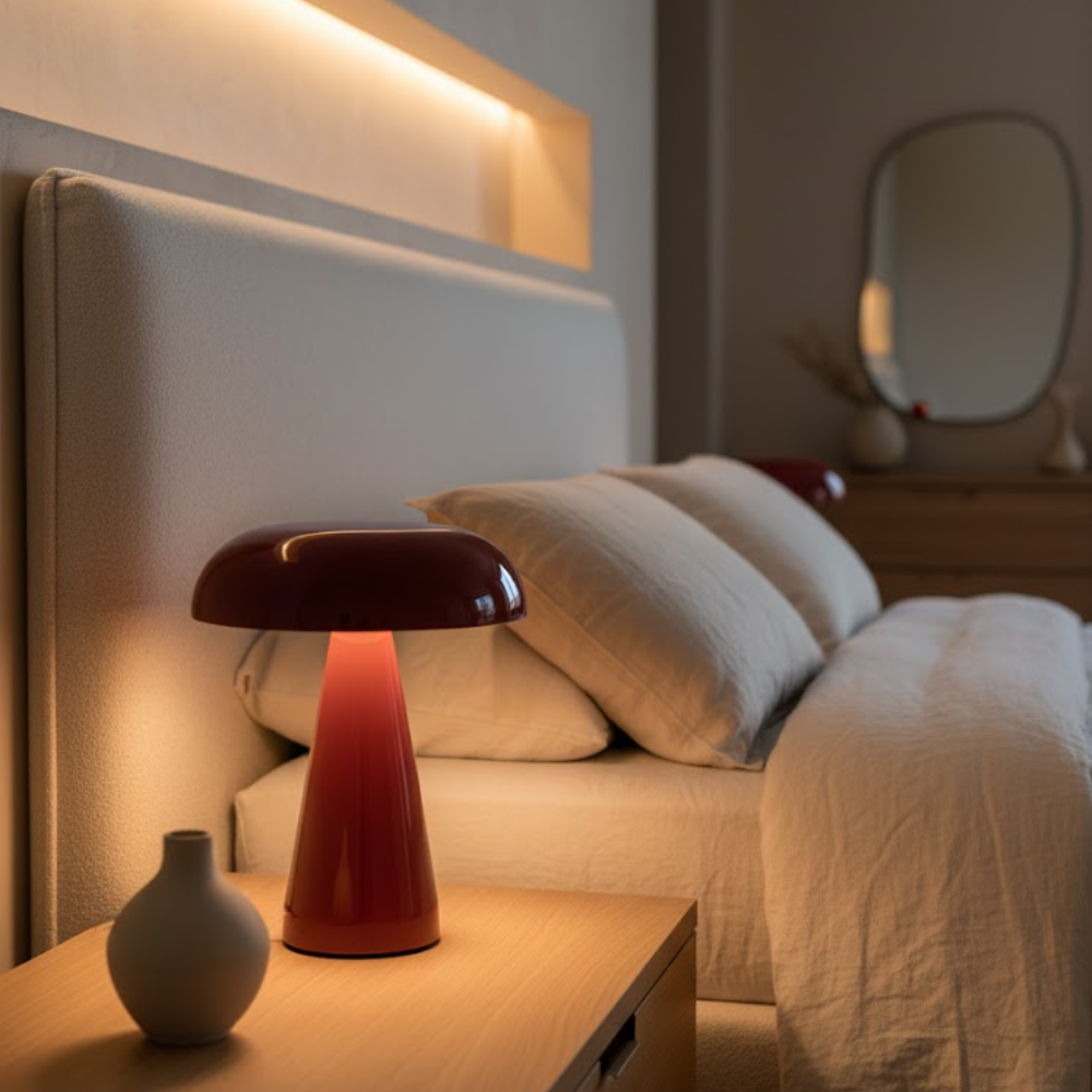 Een rode paddenstoelvormige bedlamp op een nachtkastje naast een bed.