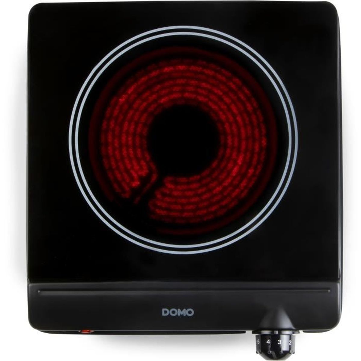 Plaque de cuisson noire avec spirale rougeoyante et bouton de contrôle noir.
