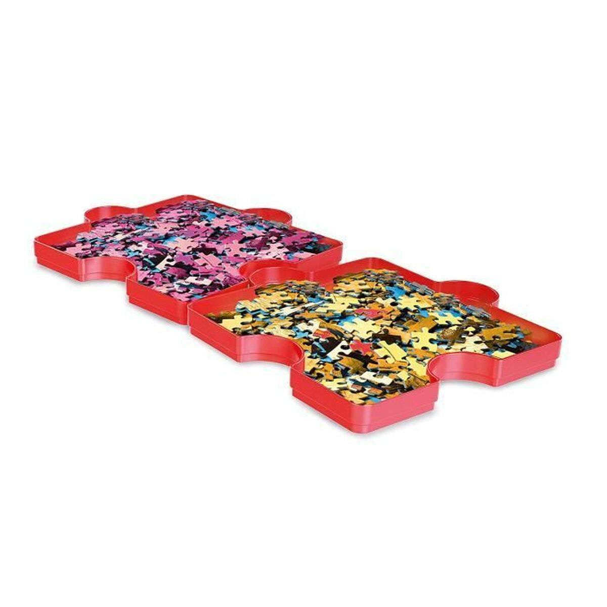 Zwei rote Puzzle-Schalen, gefüllt mit bunten Puzzleteilen.