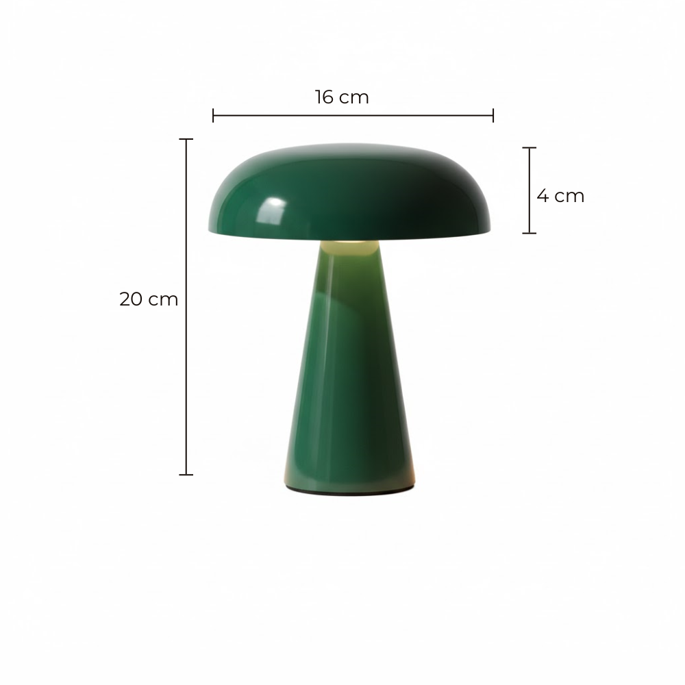 Groene paddestoellamp, H: 20cm, B: 16cm, H: 4cm.