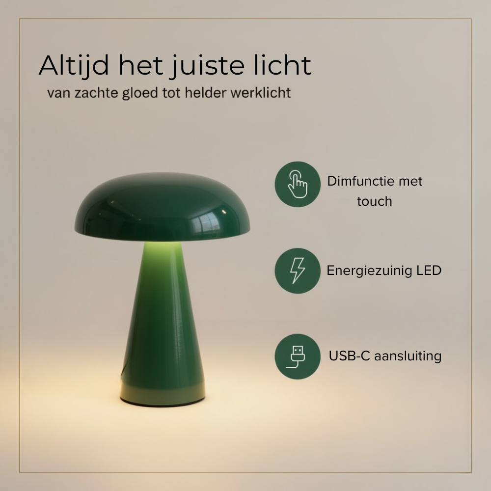 Groene paddenstoellamp met touch dimming, energiezuinige LED en USB-C.