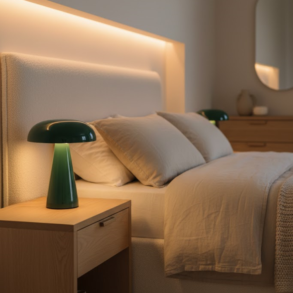 Een groene paddenstoellamp staat op een nachtkastje naast een bed.