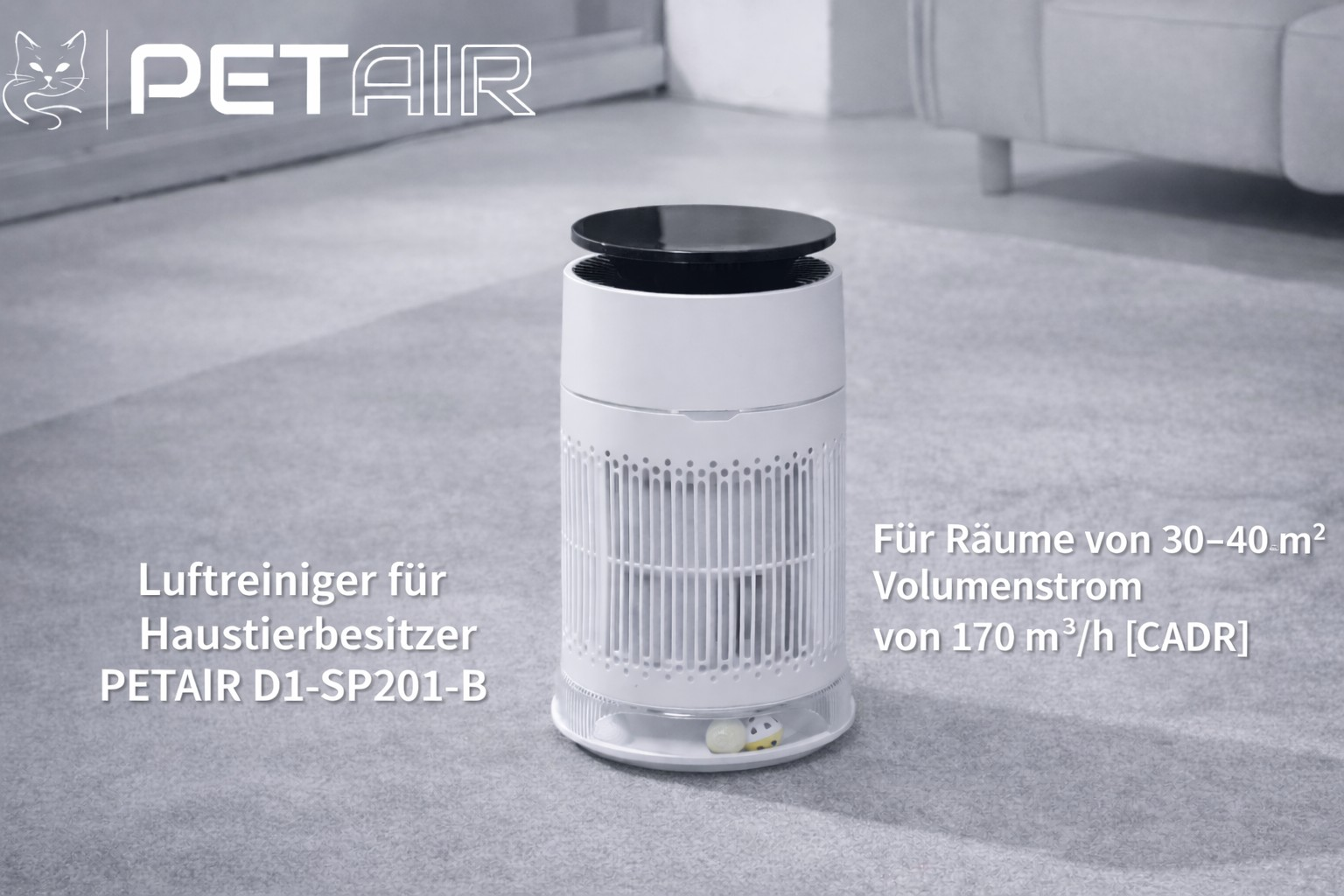 Un purificateur d'air PETAIR blanc est sur un tapis. Les informations produit sont visibles.