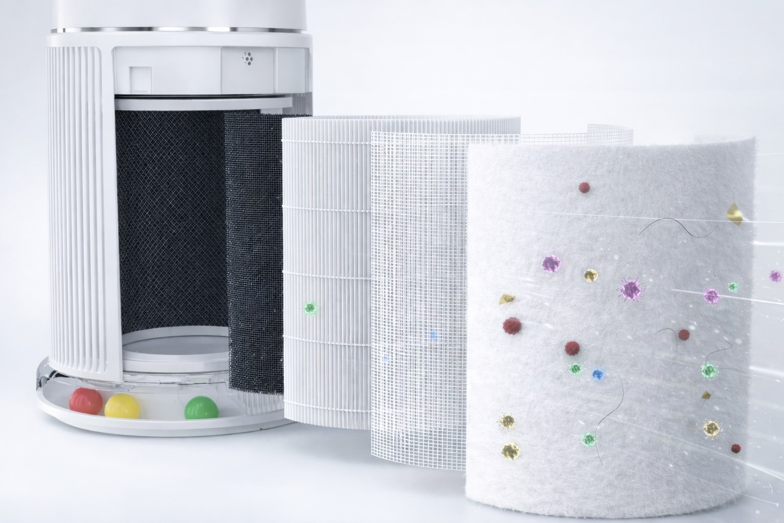 Purificateur d'air avec système de filtre multicouche et particules.