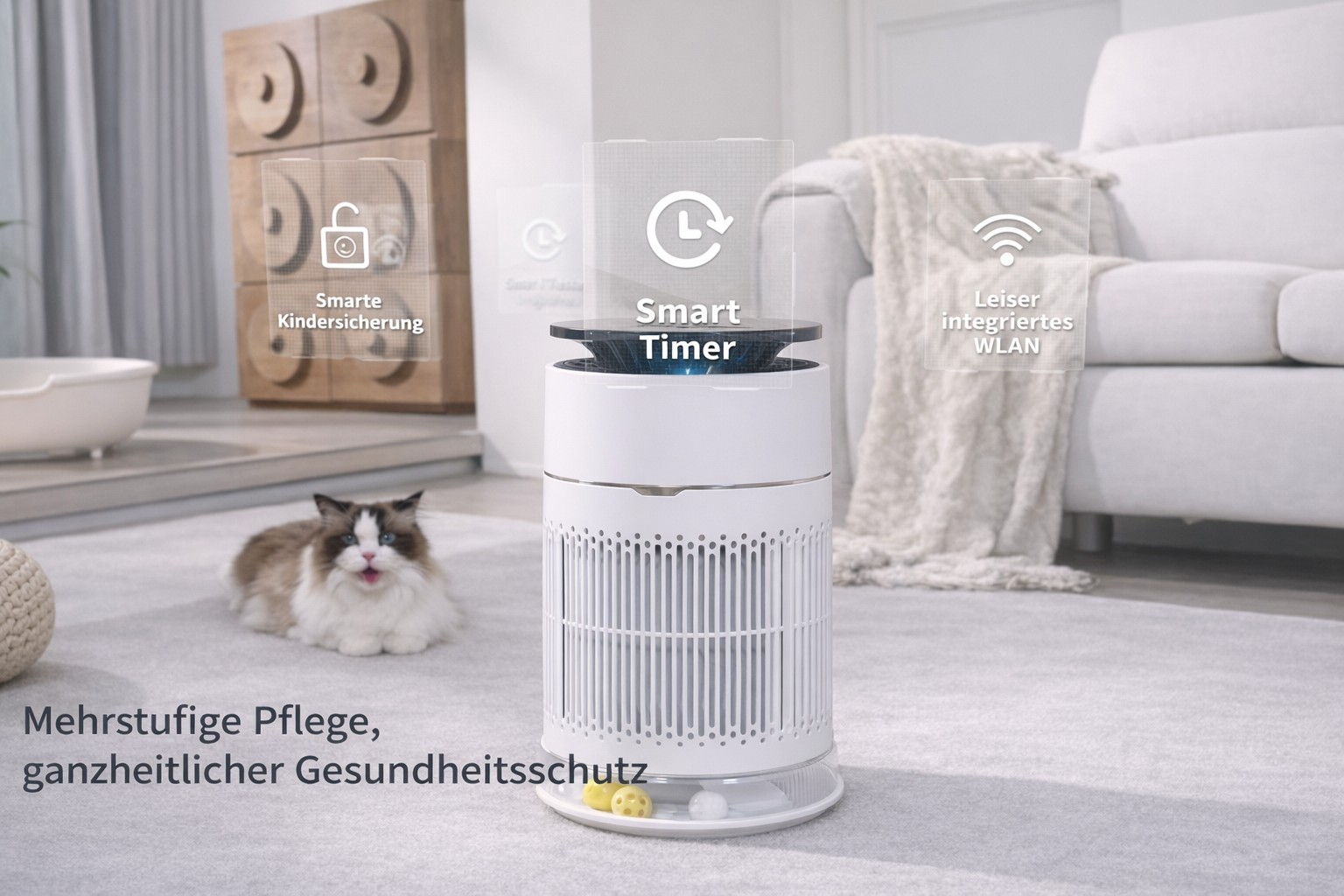 Ein weißer Luftreiniger steht auf einem Teppich. Eine Katze liegt daneben.
