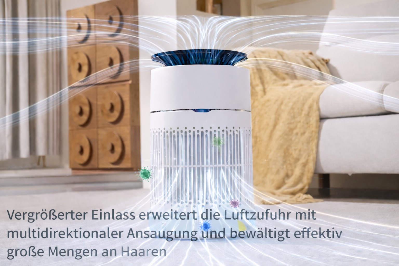 Un purificateur d'air blanc dans un salon aspirant des particules.