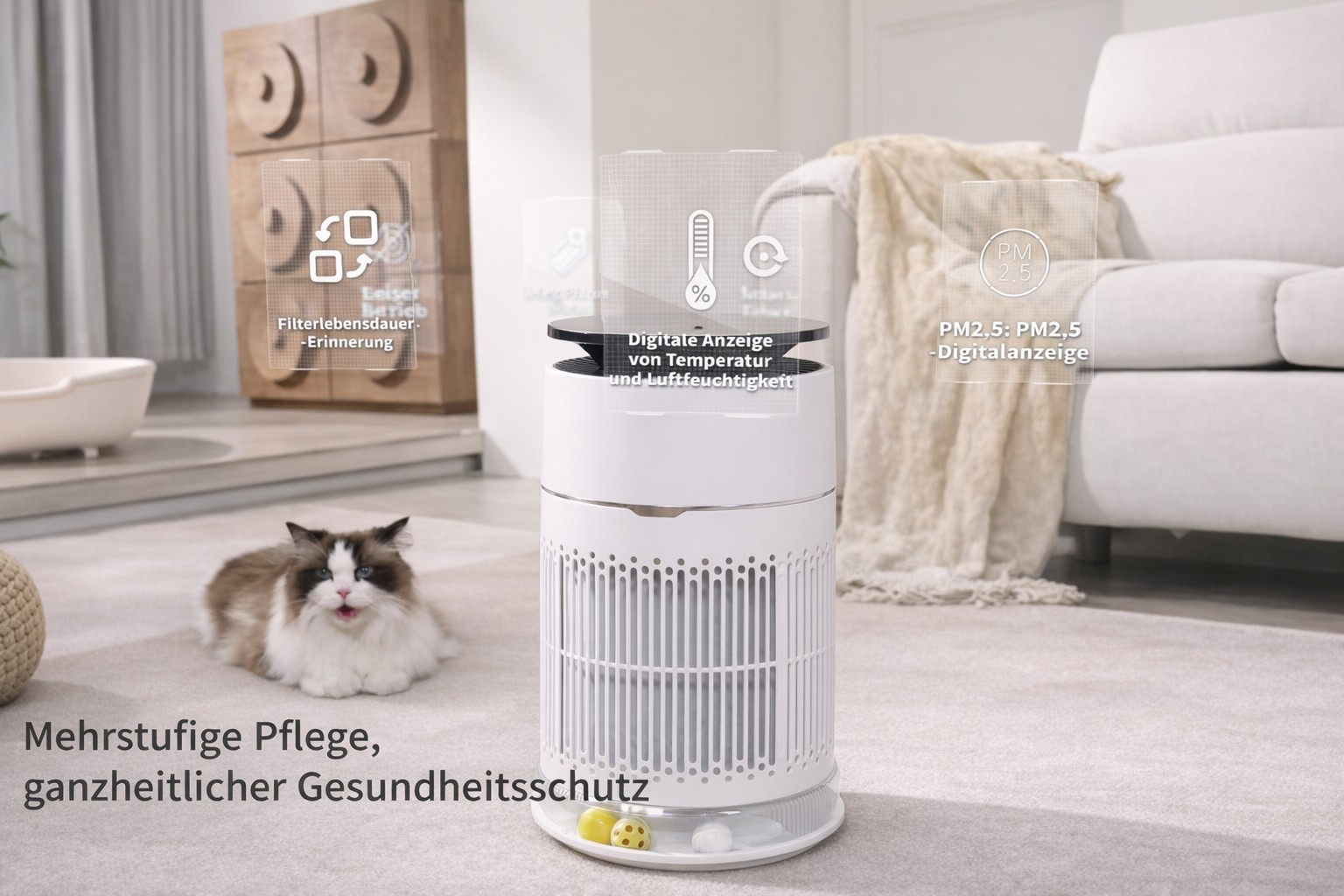Un purificateur d'air blanc est posé sur un tapis à côté d'un chat. Des graphiques superposés montrent les fonctions.