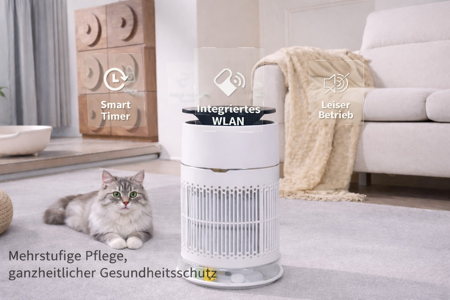 Un chat repose à côté d'un purificateur d'air blanc dans un salon.