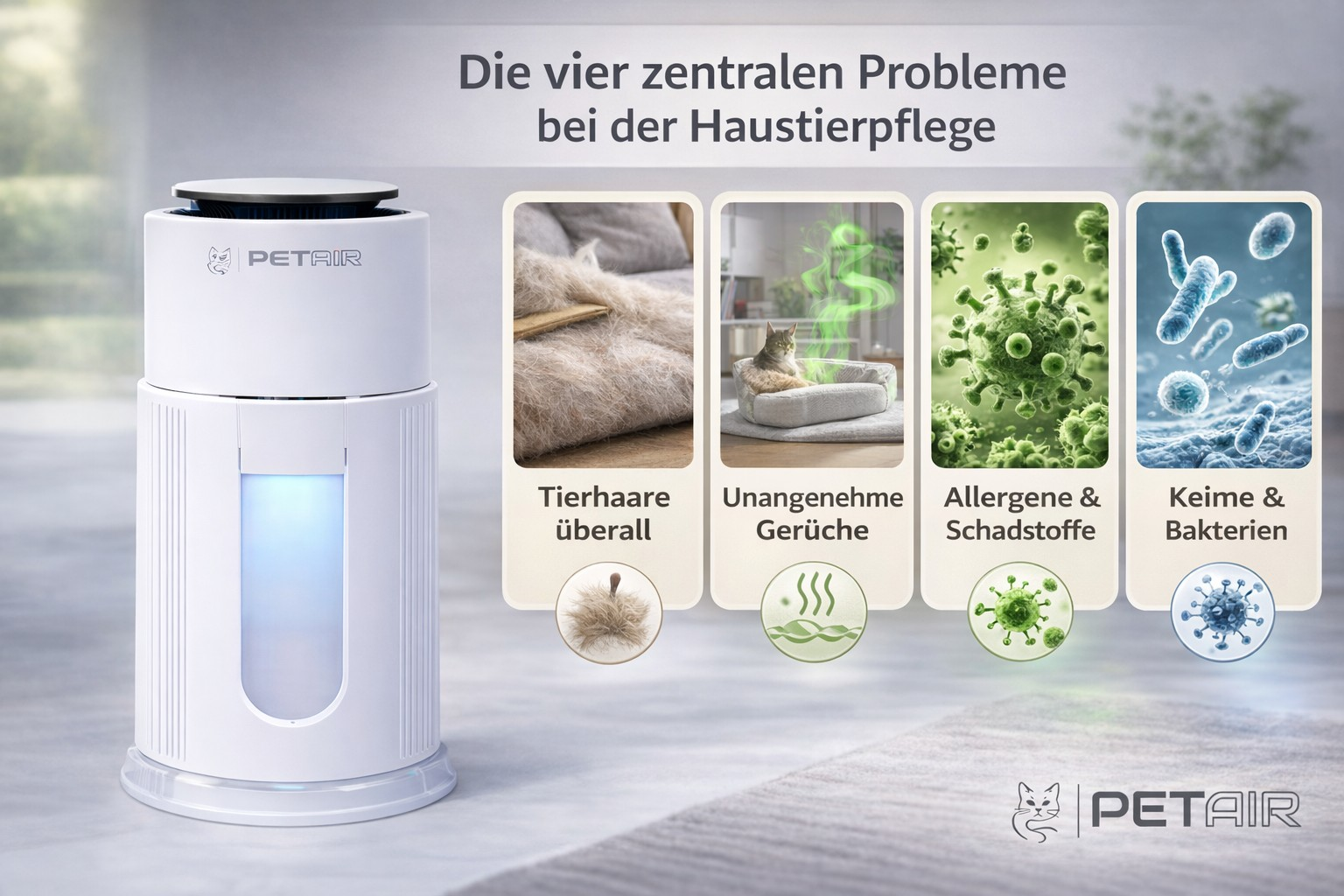 Un purificateur d'air blanc avec quatre cartes illustrées montrant les problèmes des animaux.