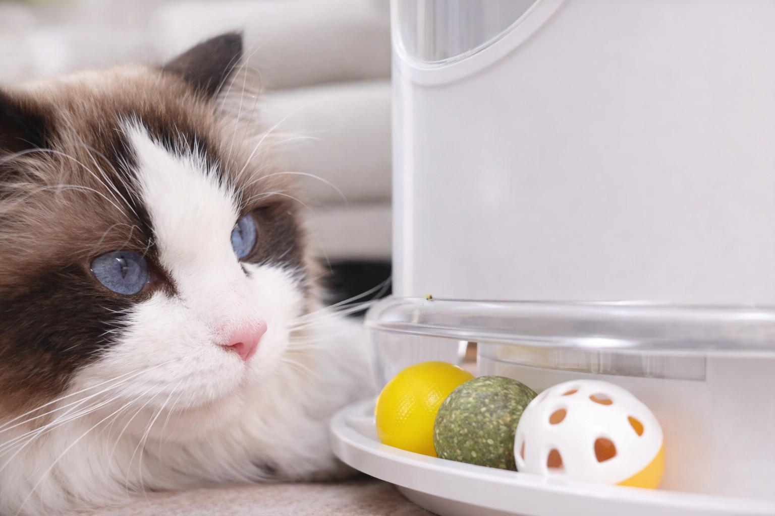 Un chat aux yeux bleus regarde trois balles : jaune, verte et blanc-jaune.