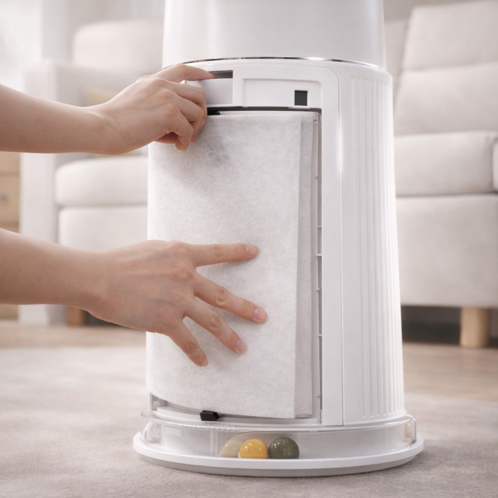 Des mains insèrent un élément filtrant blanc dans un appareil blanc.