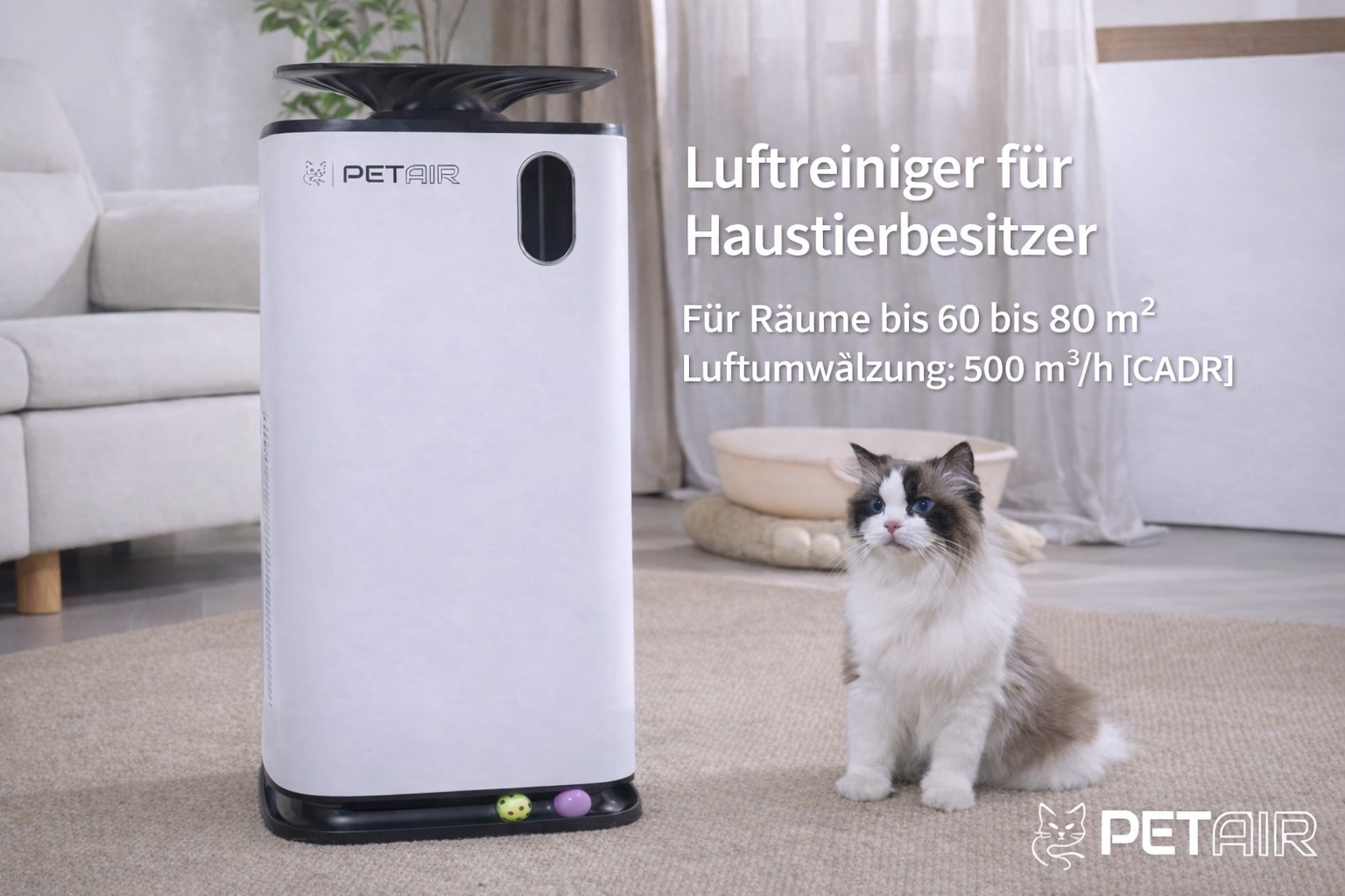 Un purificateur d'air blanc à côté d'un chat sur un tapis.