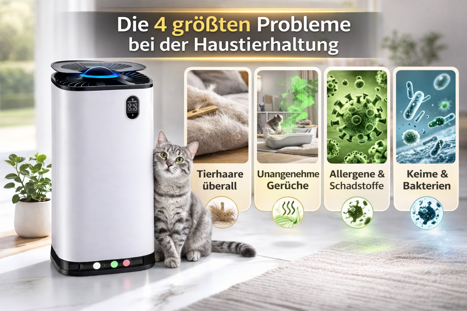 Purificateur d'air à côté d'un chat, montrant les 4 problèmes de possession d'animaux.