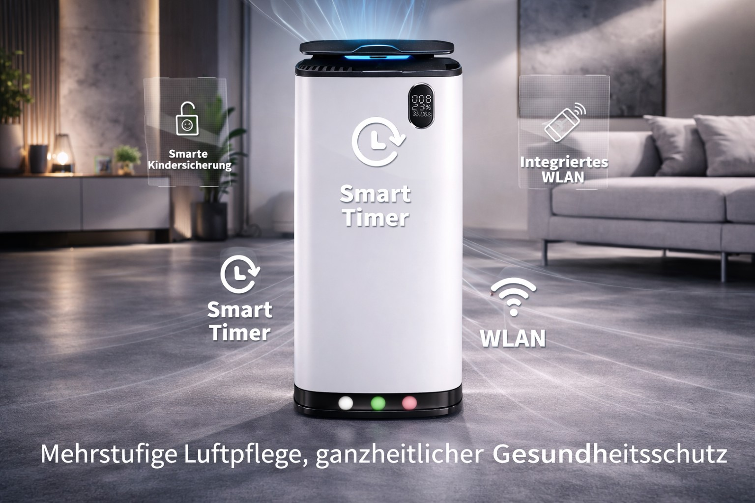 Un purificateur d'air blanc avec éclairage bleu, icônes de minuterie, WLAN et verrouillage enfant.