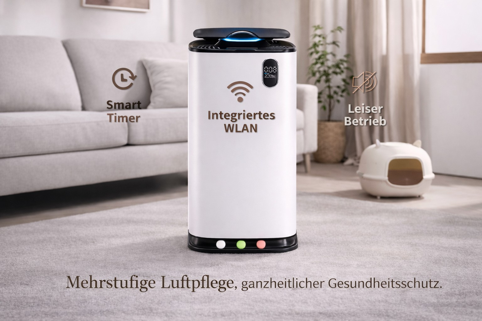 Un purificateur d'air blanc avec WiFi et minuterie dans un salon.