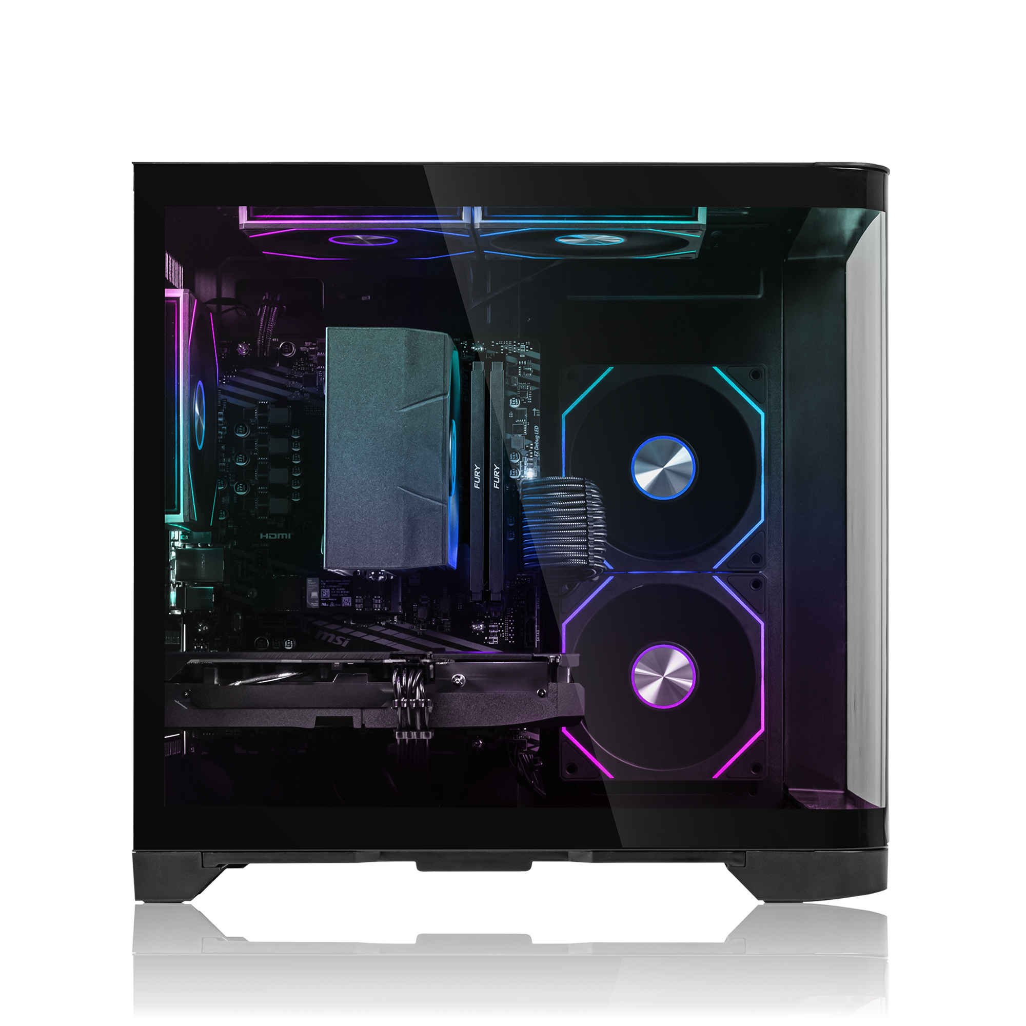 Ein PC-Gehäuse mit RGB-Beleuchtung und sichtbaren Komponenten.