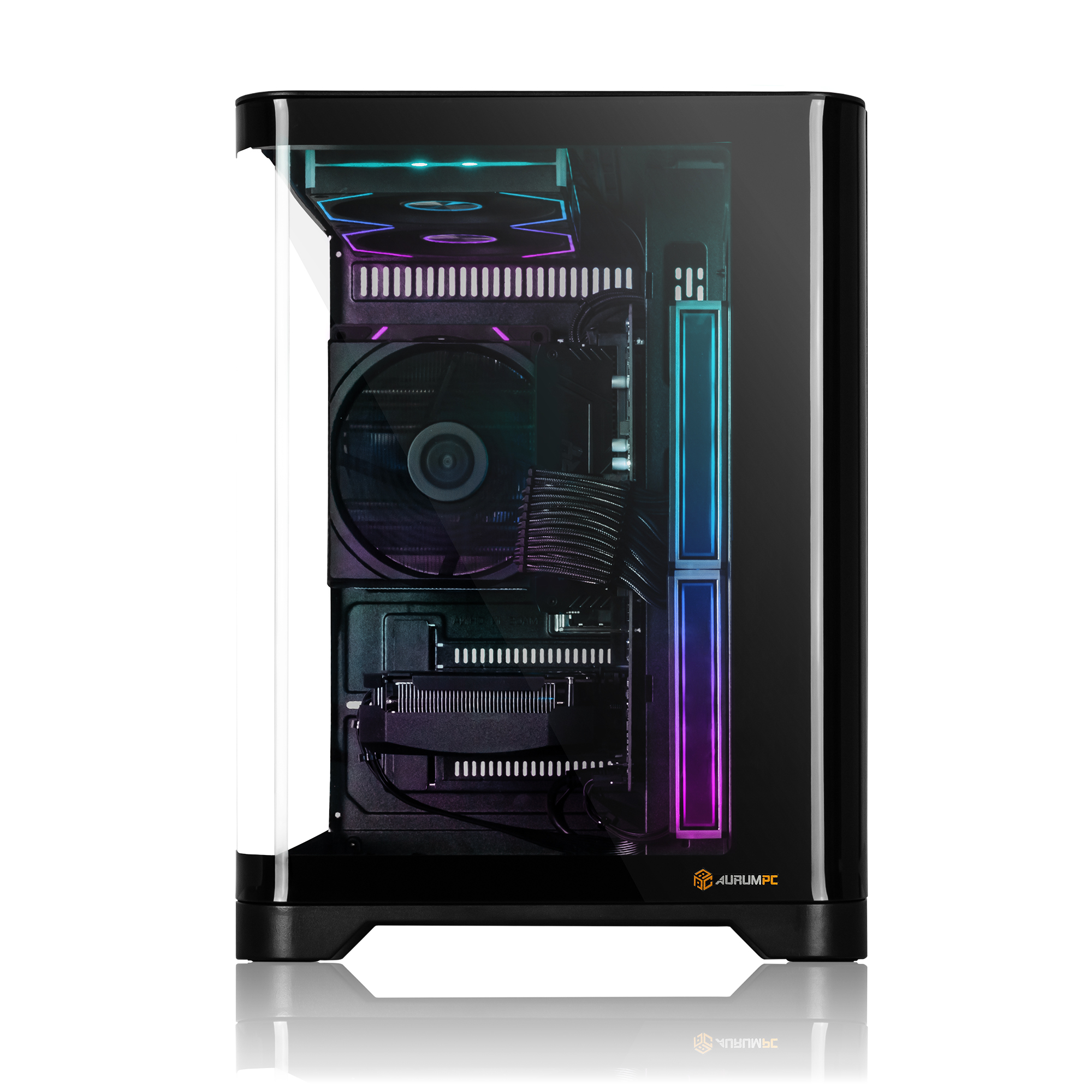 Ein schwarzes PC-Gehäuse mit Glasfront und RGB-Beleuchtung.