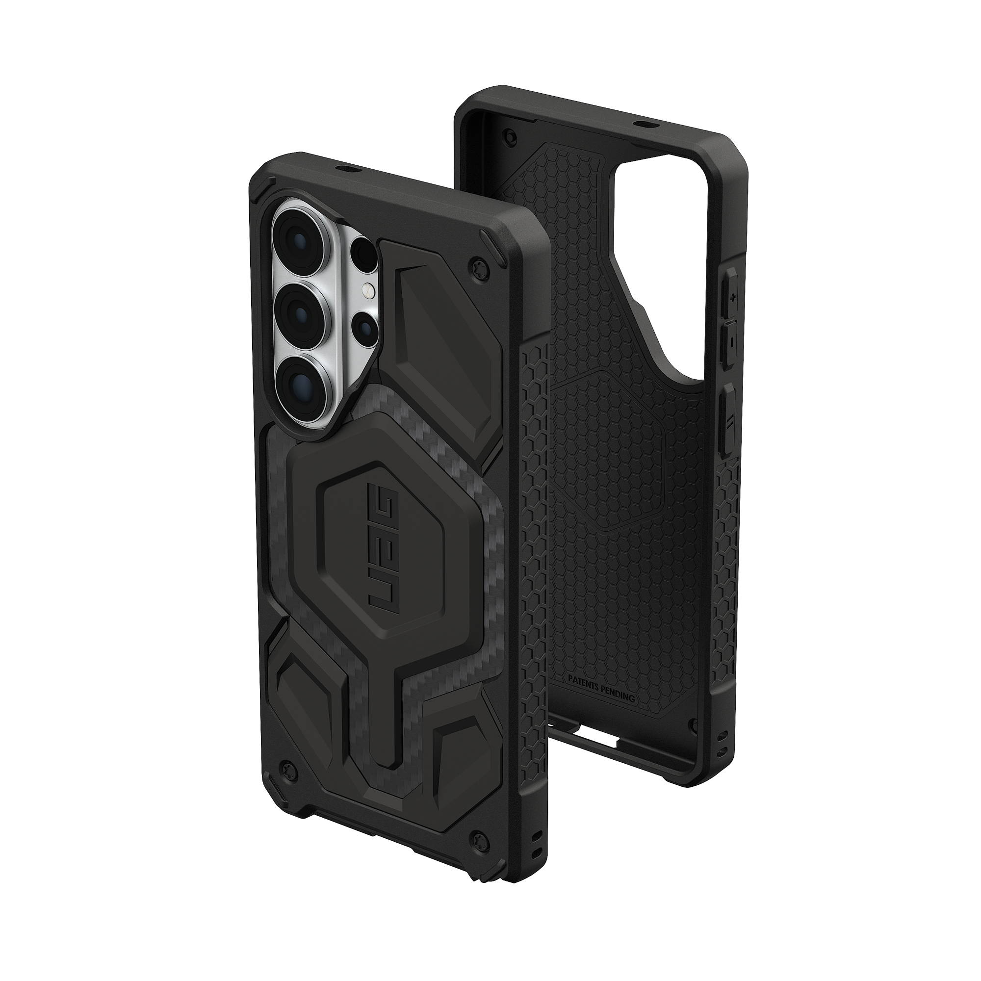 Czarne etui na telefon o wytrzymałym designie i wewnętrznym wzorze plastra miodu.