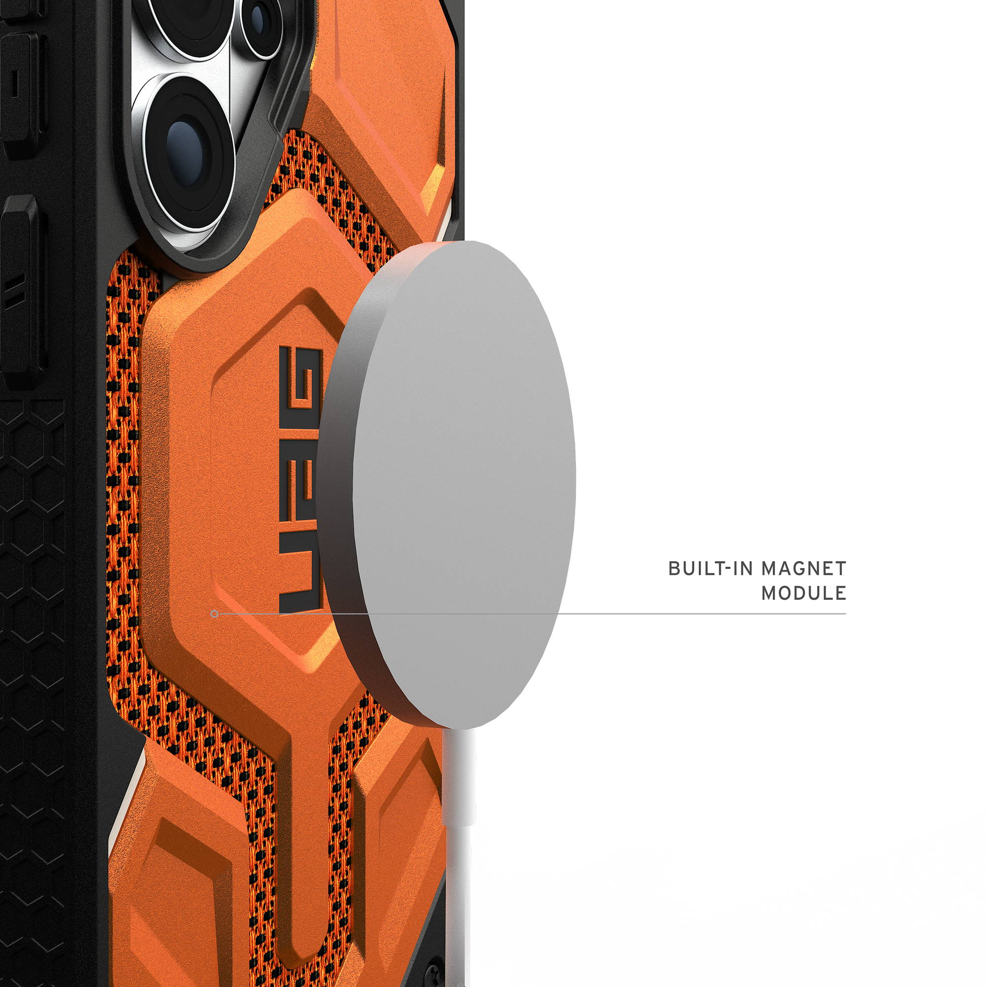 Orangefarbene Handyhülle mit Hexagon-Muster und eingebautem Magnetmodul.