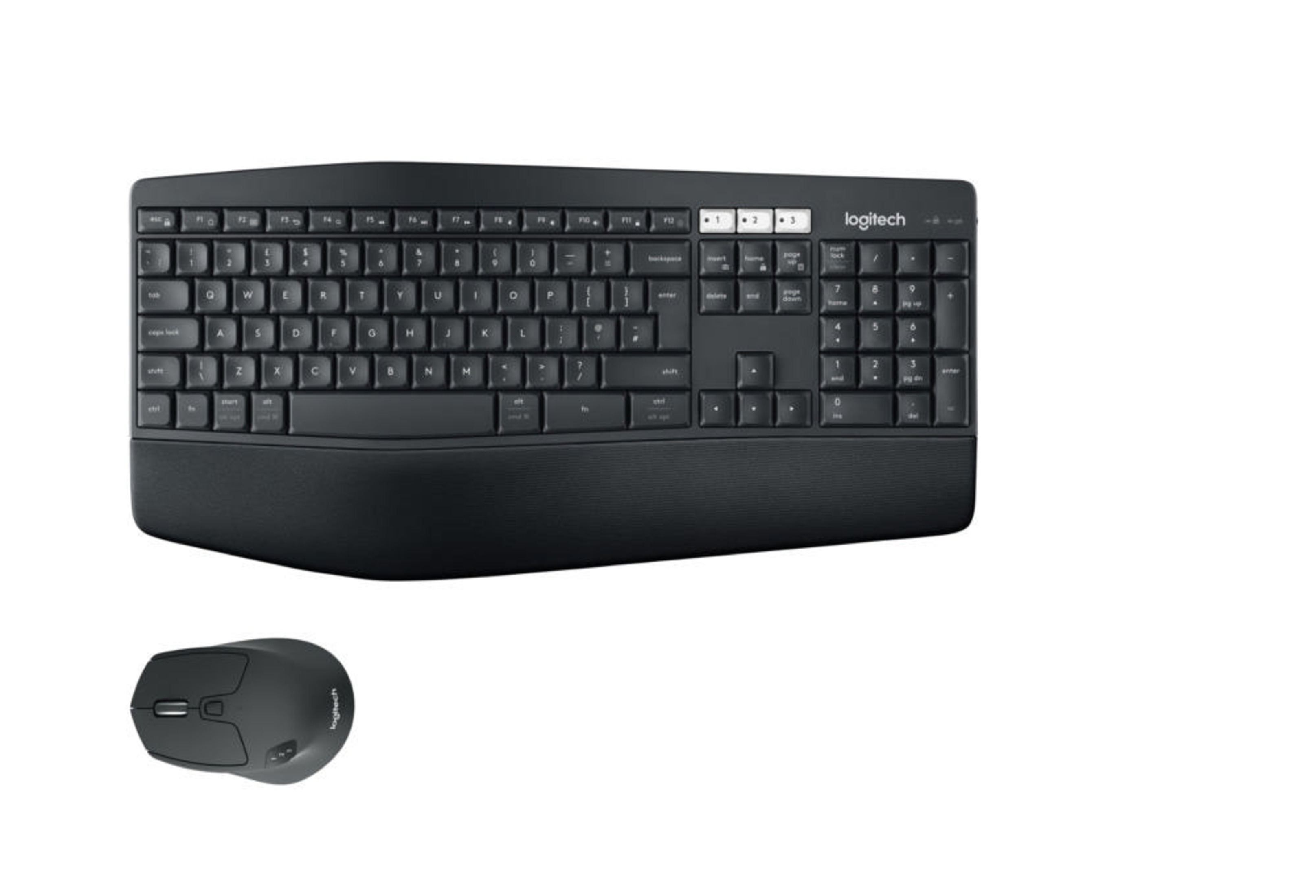 Beyaz arka plan üzerinde siyah Logitech klavye ve fare.