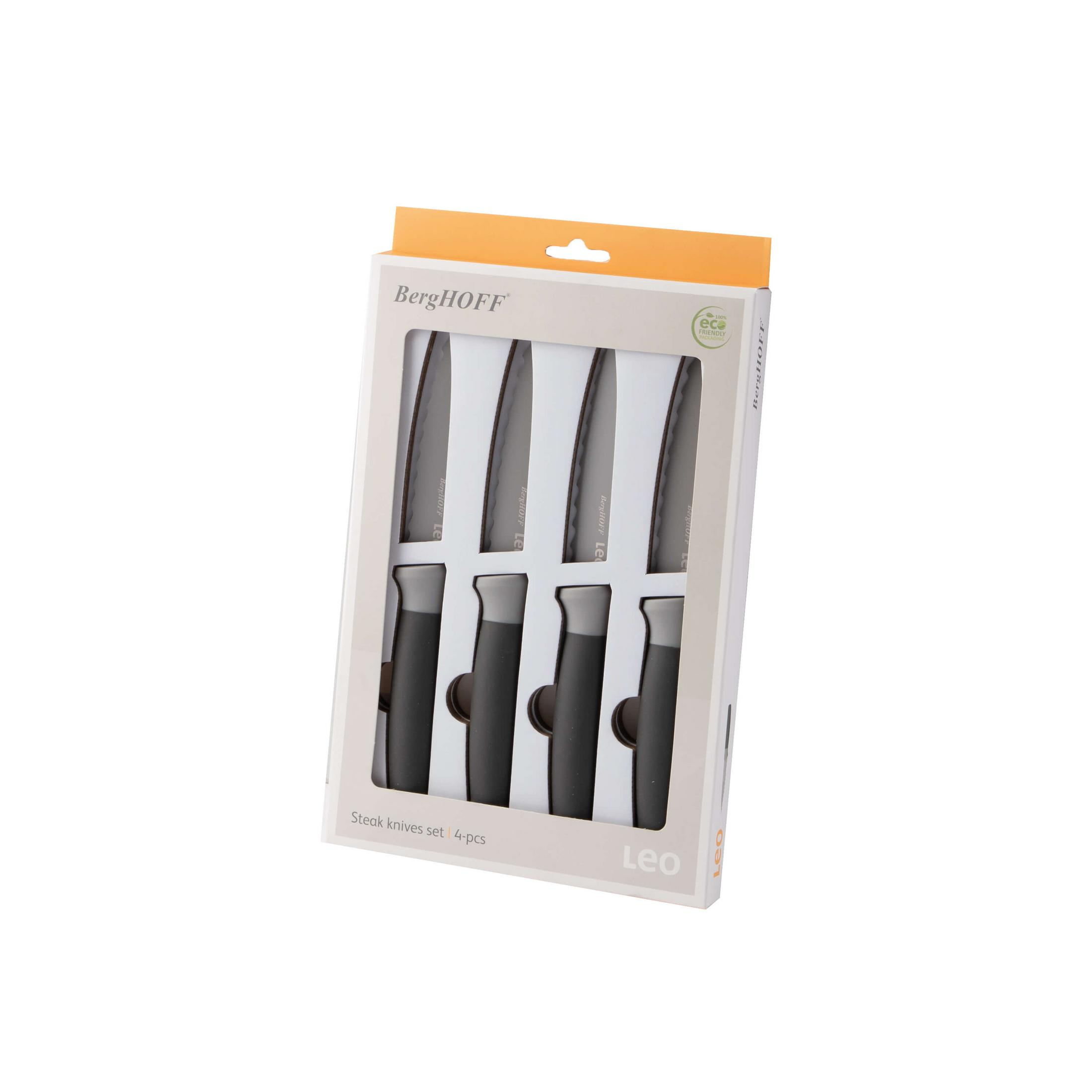 BergHOFF steak knives set, 4-pcs, in packaging with black handles.