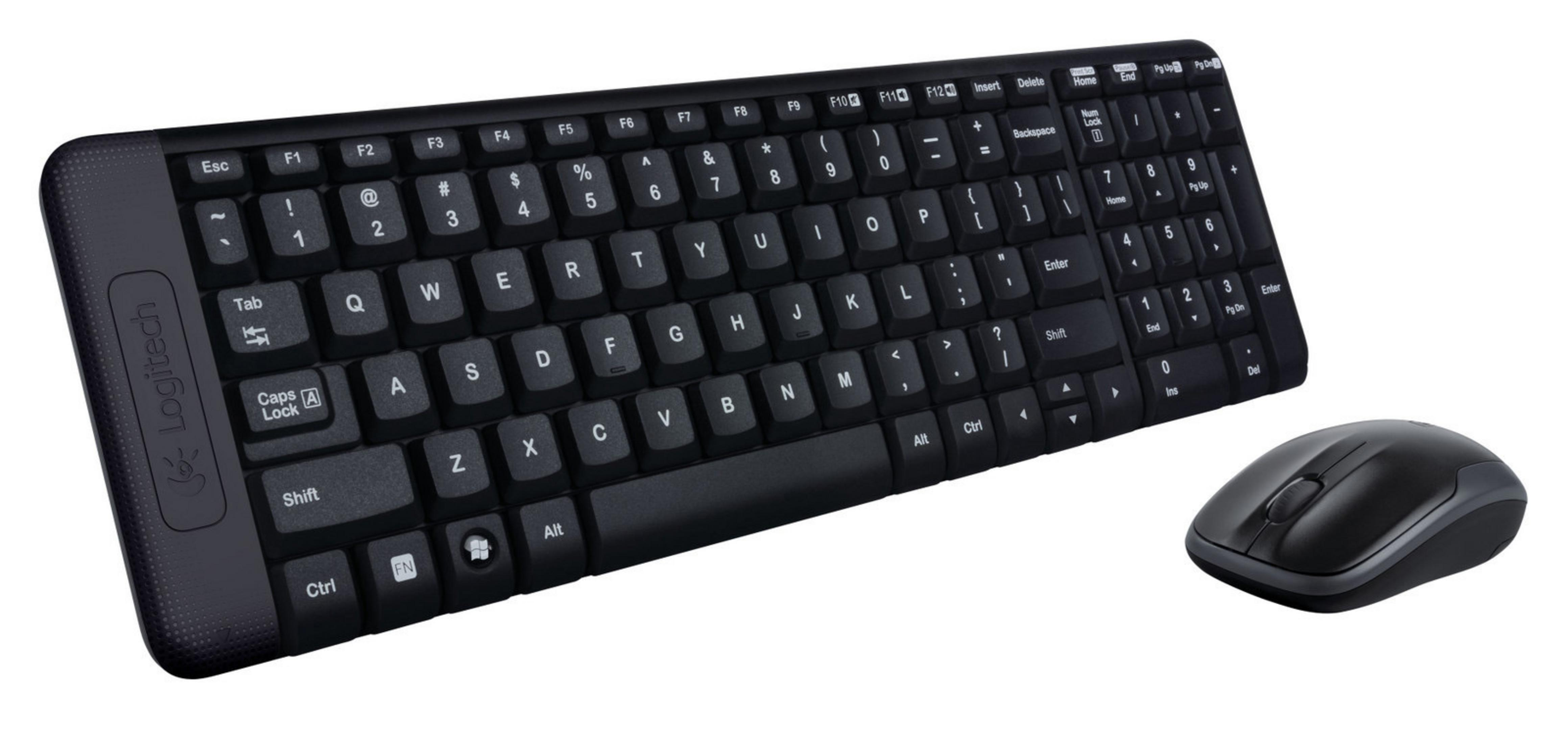Beyaz arka planda siyah Logitech klavye ve fare.