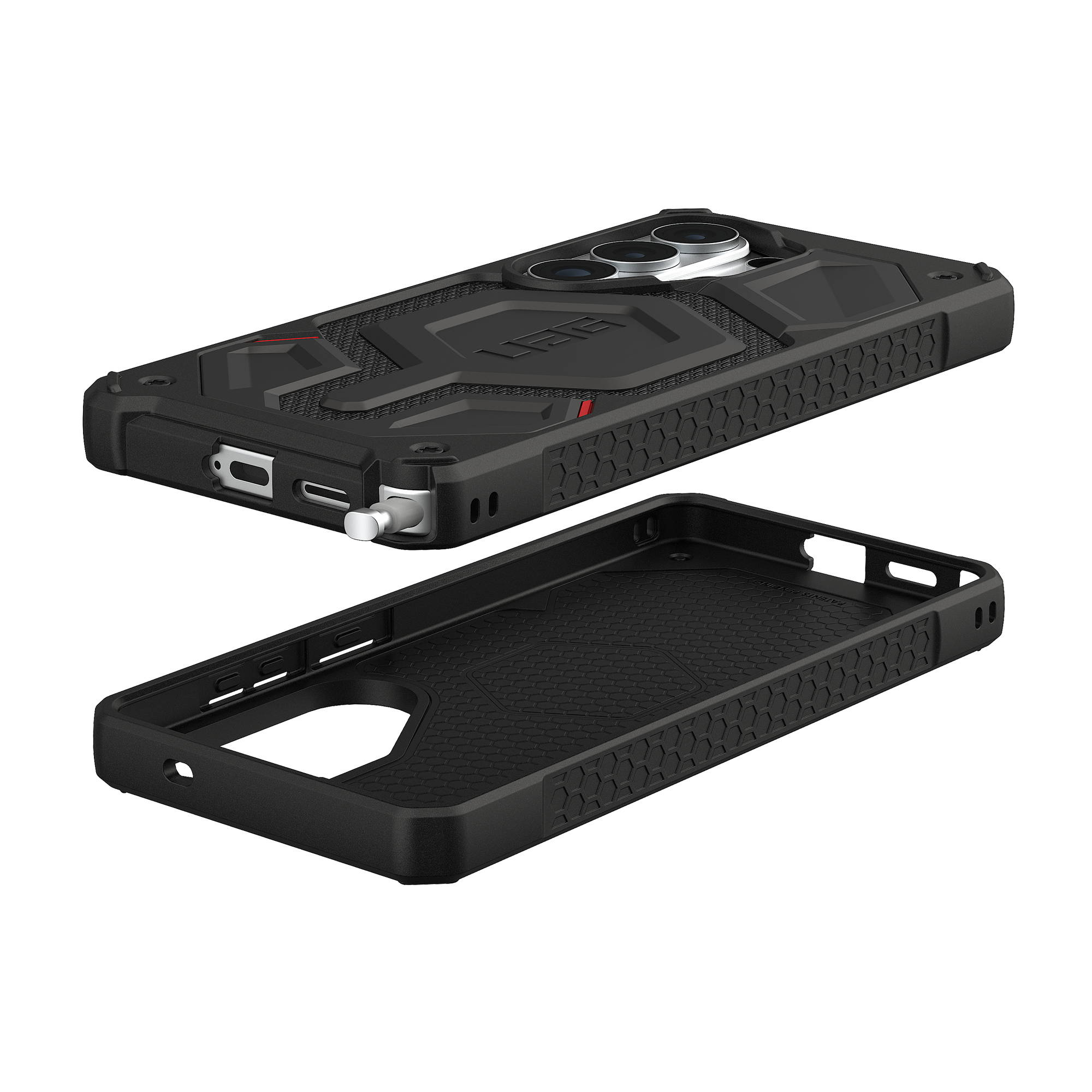 Czarne etui na telefon ze wzmocnionymi narożnikami i wycięciem na aparat.