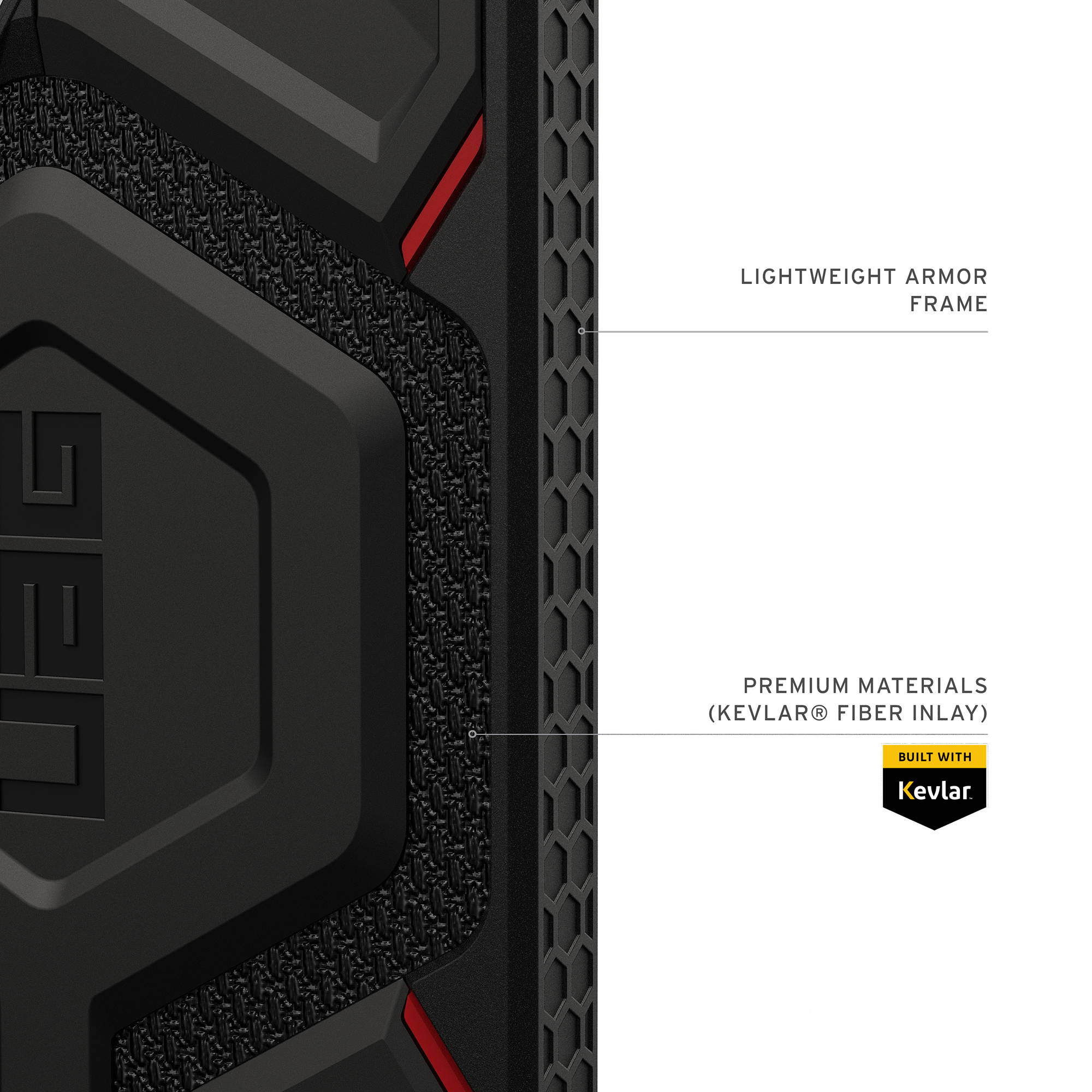 Czarne etui z wzorem sześciokątnym, czerwonymi akcentami i logo Kevlar.