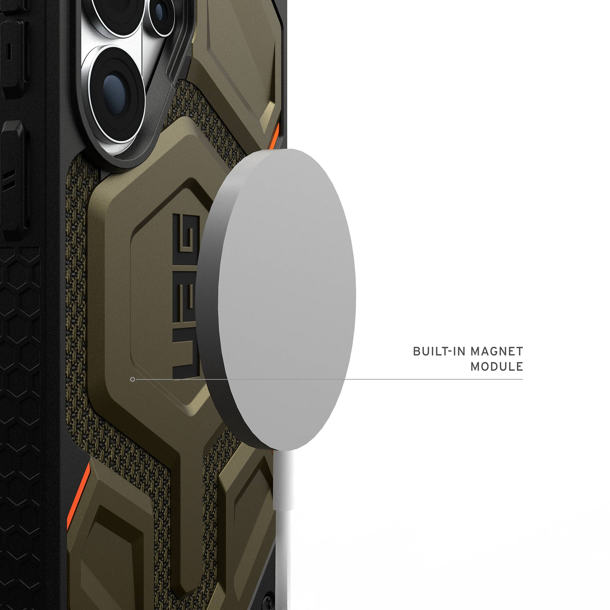 iPhone-Hülle mit integriertem Magnetmodul und Ladekabel.