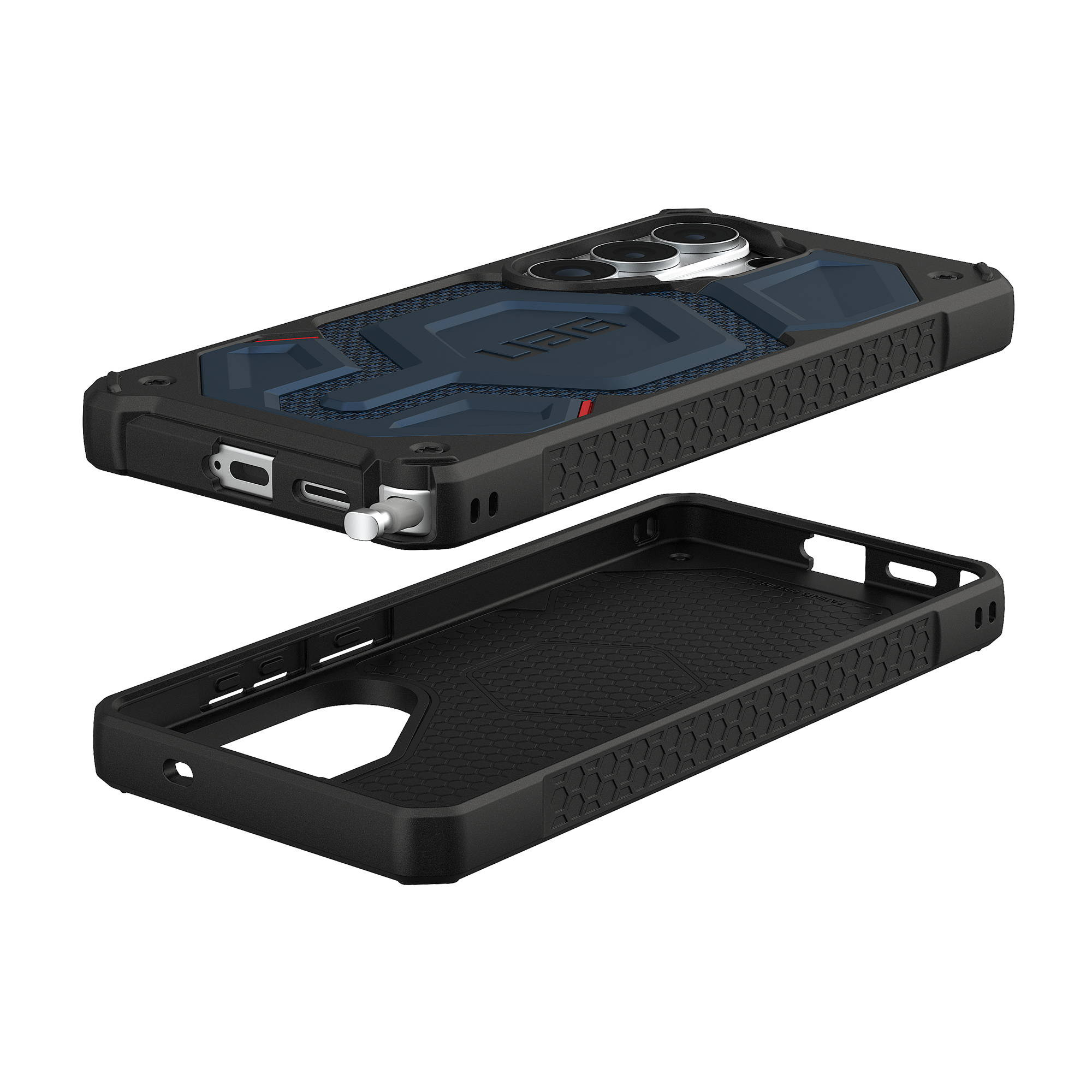Czarne etui na telefon z niebieskimi akcentami i wzorem plastra miodu, rozłożone.
