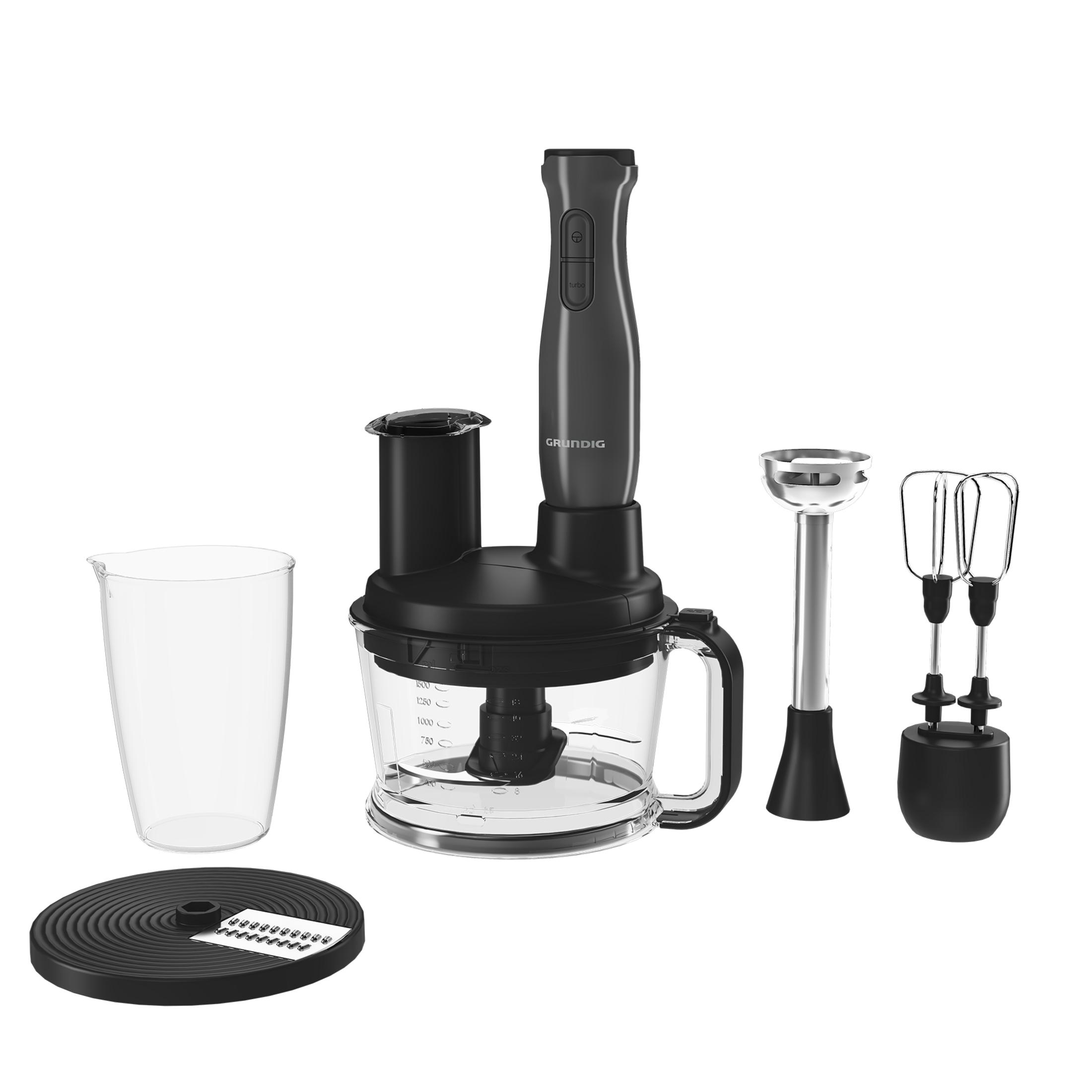 Aksesuarli siyah el blender seti: ölçü kabı, doğrayıcı, çırpıcı ve daldırma blender.
