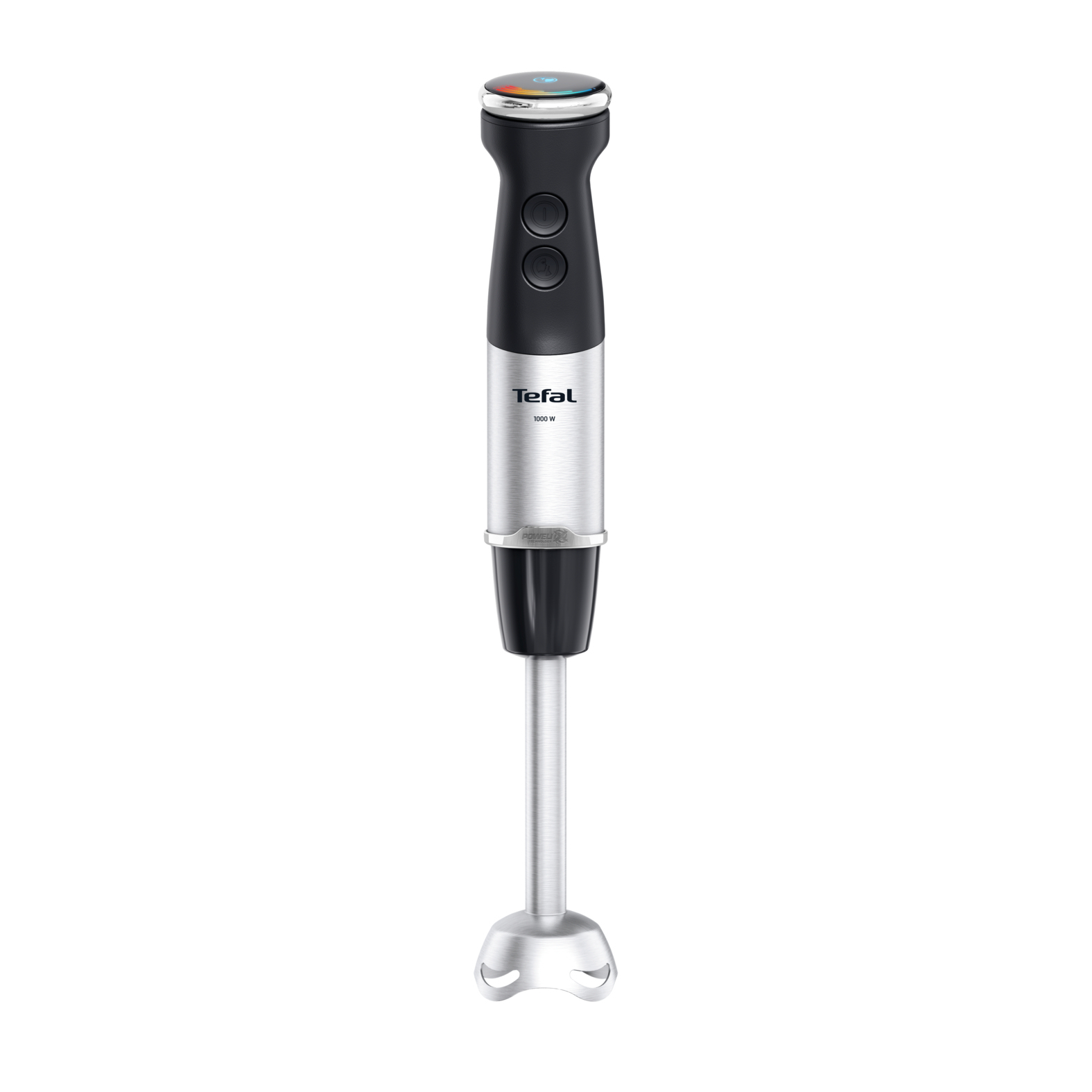 Een zilverkleurige en zwarte Tefal staafmixer van 1000W.