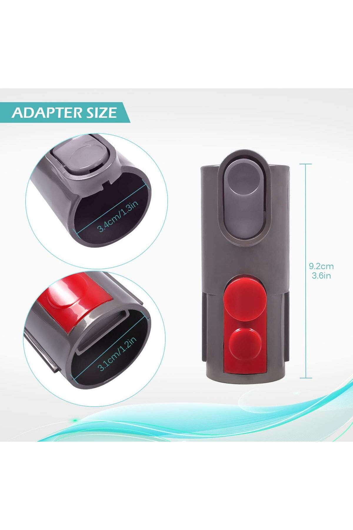 Kırmızı düğmeli gri adaptör, boyutları 9.2cm x 3.6in.