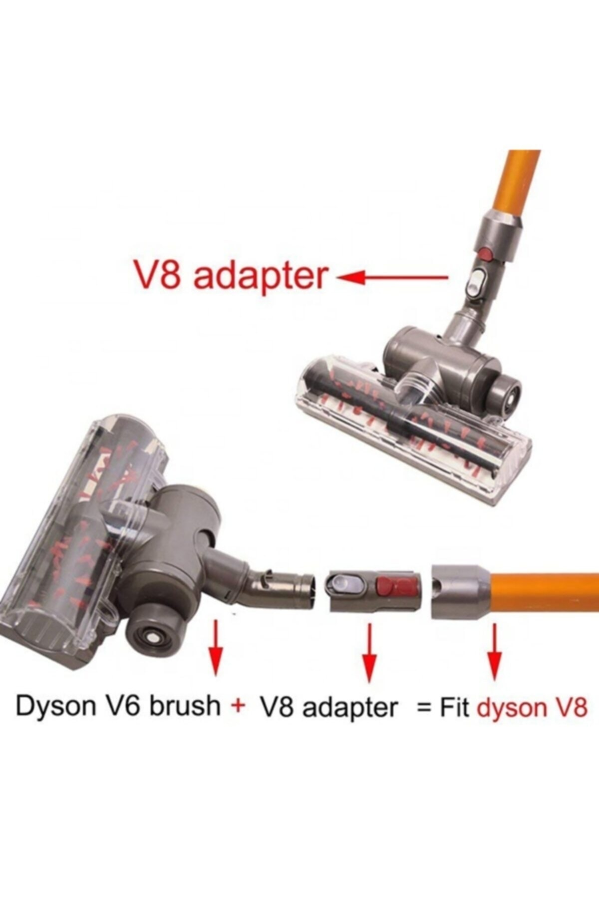 Dyson V6 fırça başlığı V8 adaptörüne ve turuncu tüpe bağlanır.