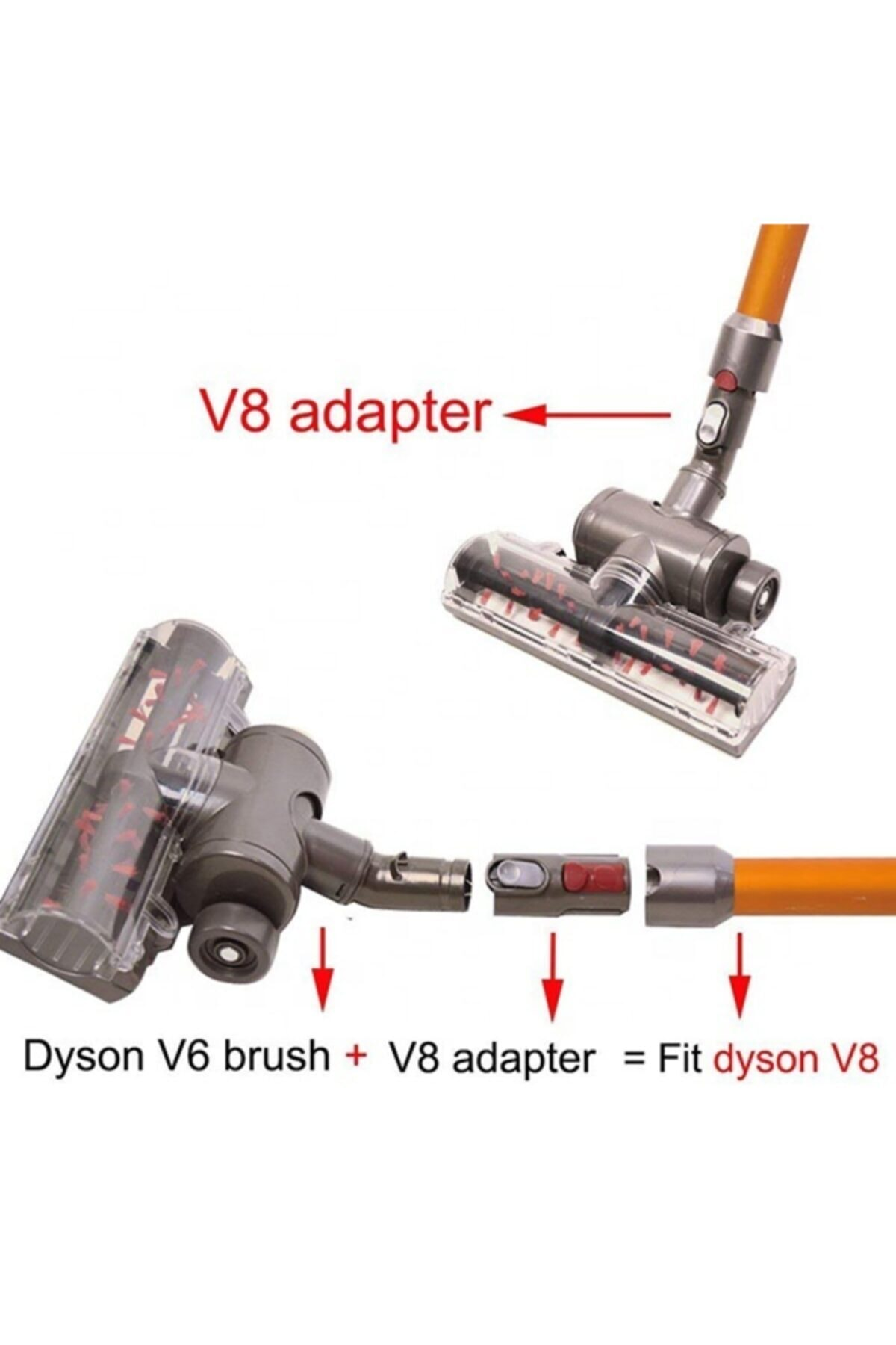 Dyson V6 fırça + V8 adaptörü = Dyson V8 uyumludur.