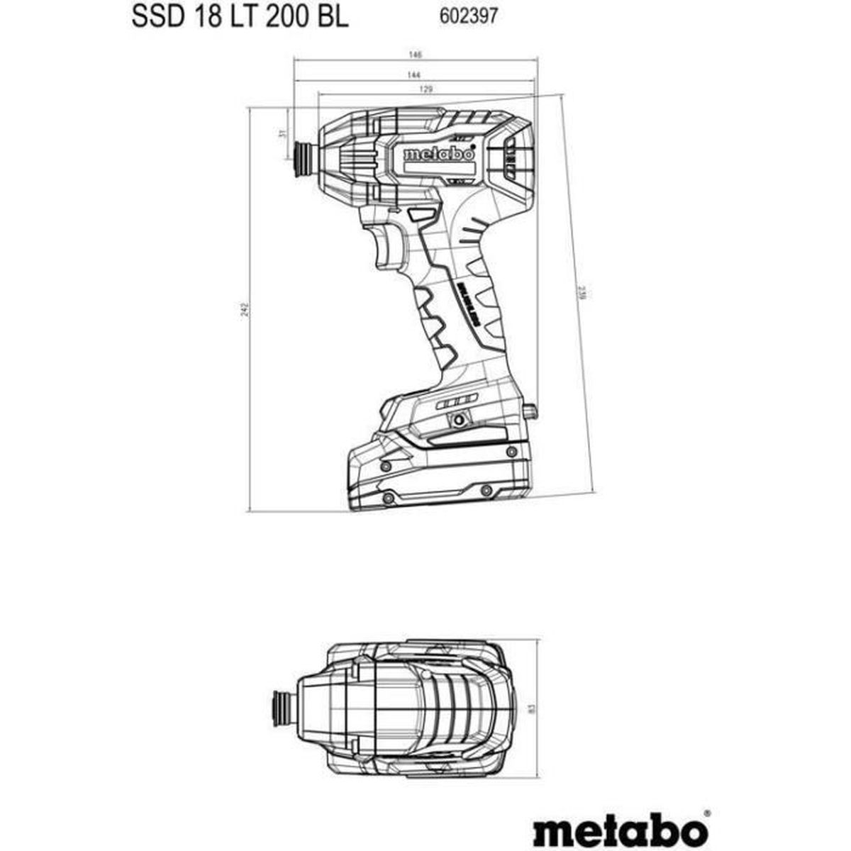 Technische Zeichnung eines Schlagschraubers von Metabo mit Maßen.