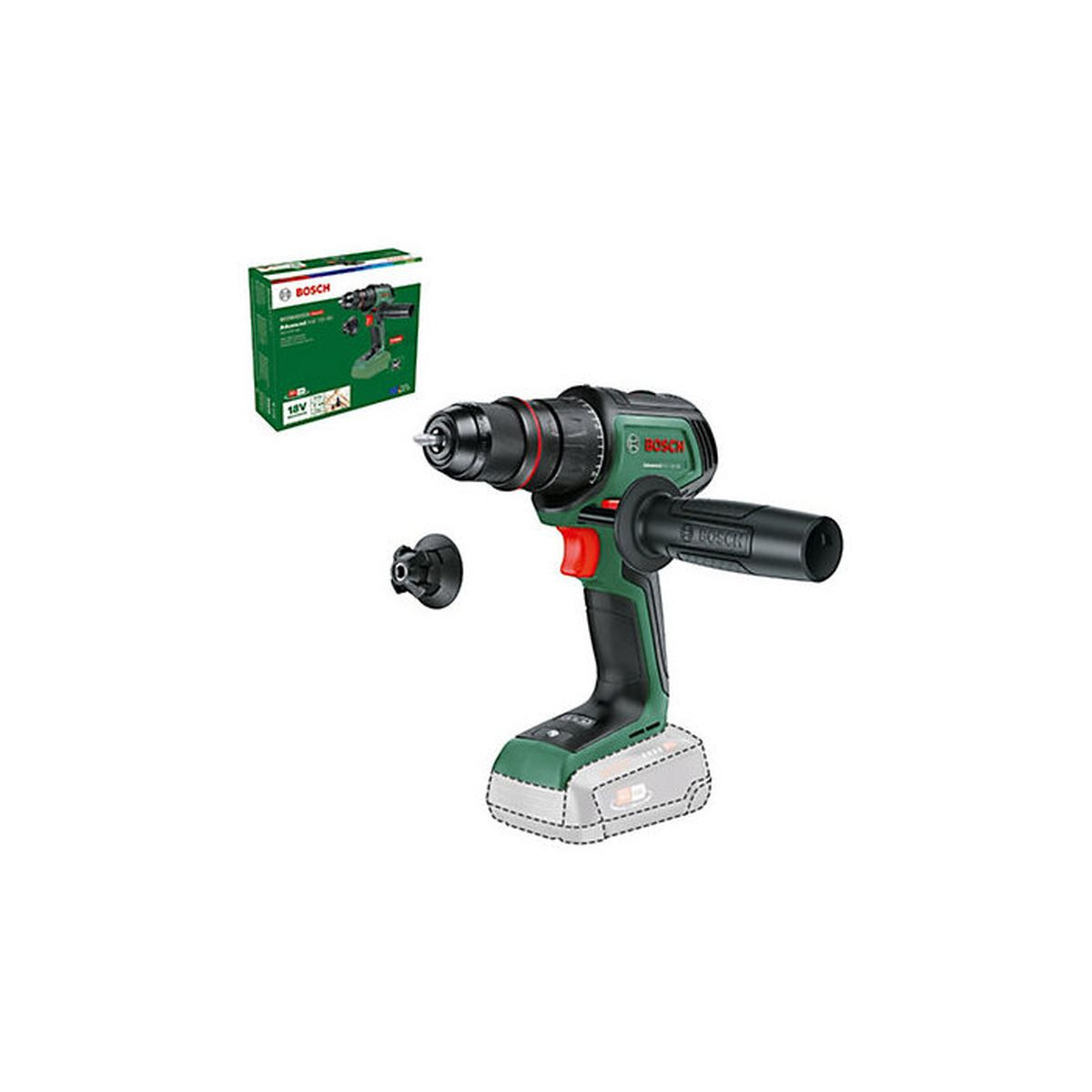 Trapano Bosch a batteria verde con manico ausiliario e mandrino separato.