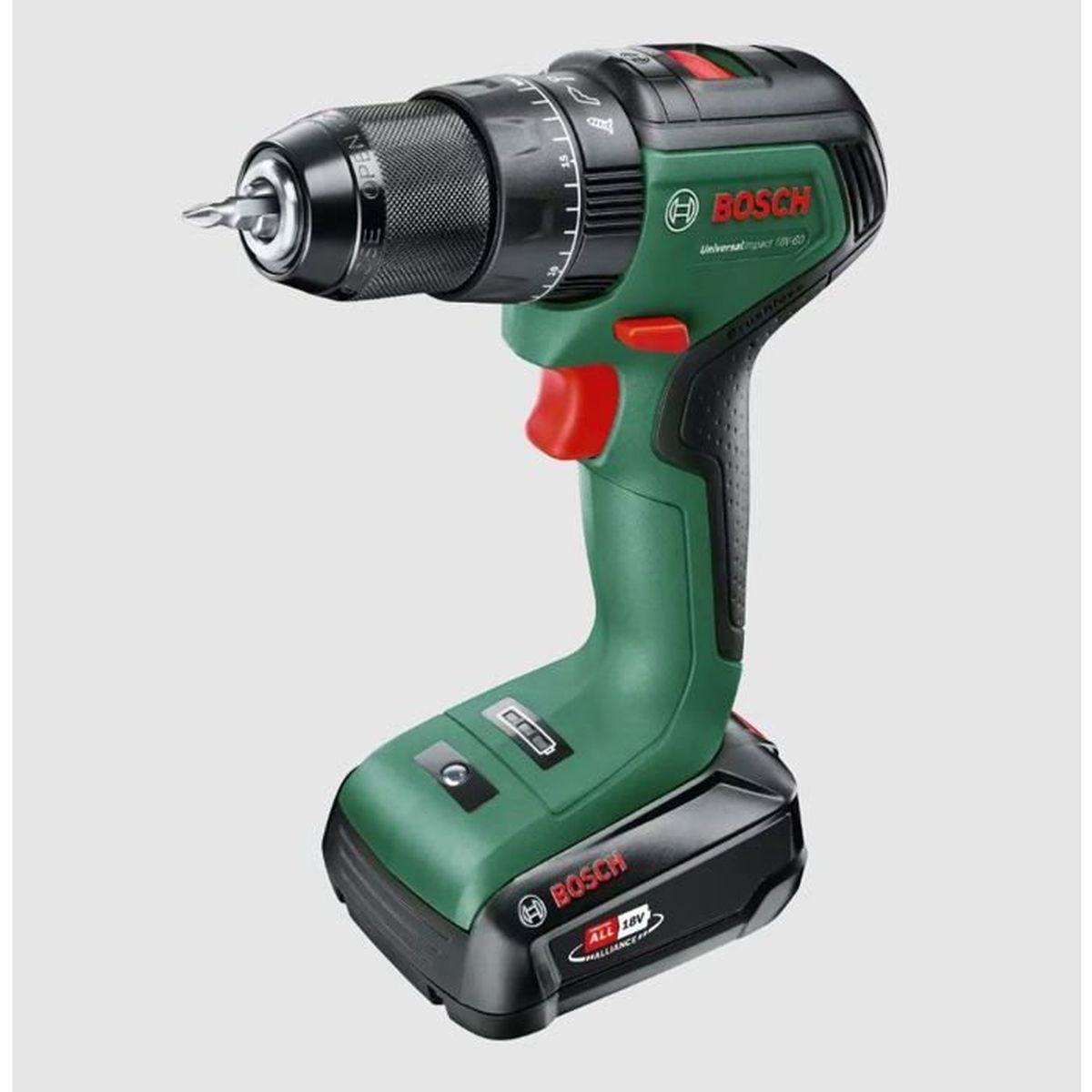 Ein grüner und schwarzer Bosch Akku-Bohrschrauber mit Metallfutter.