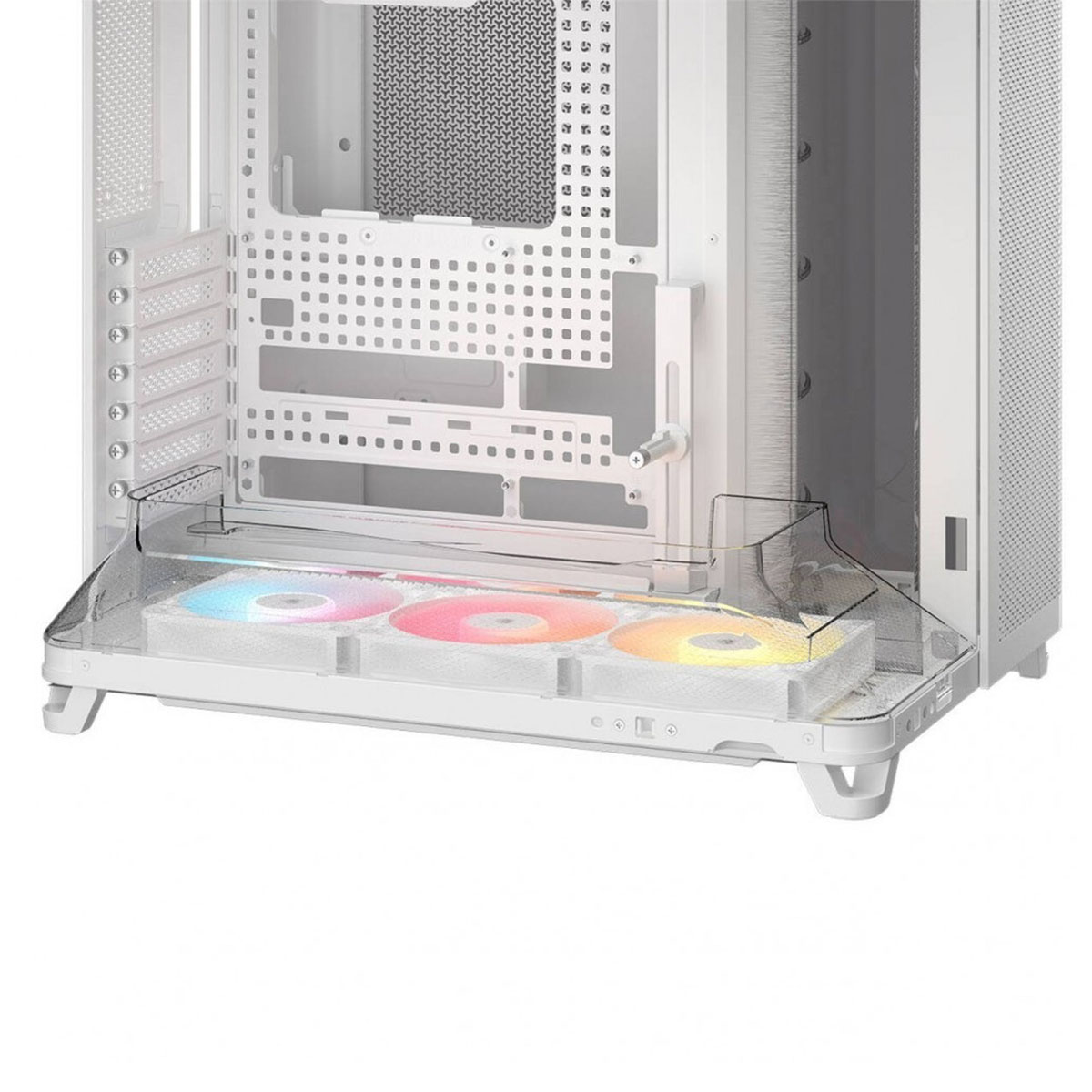 RGB fanlı ve şeffaf kapaklı beyaz PC kasa içi.